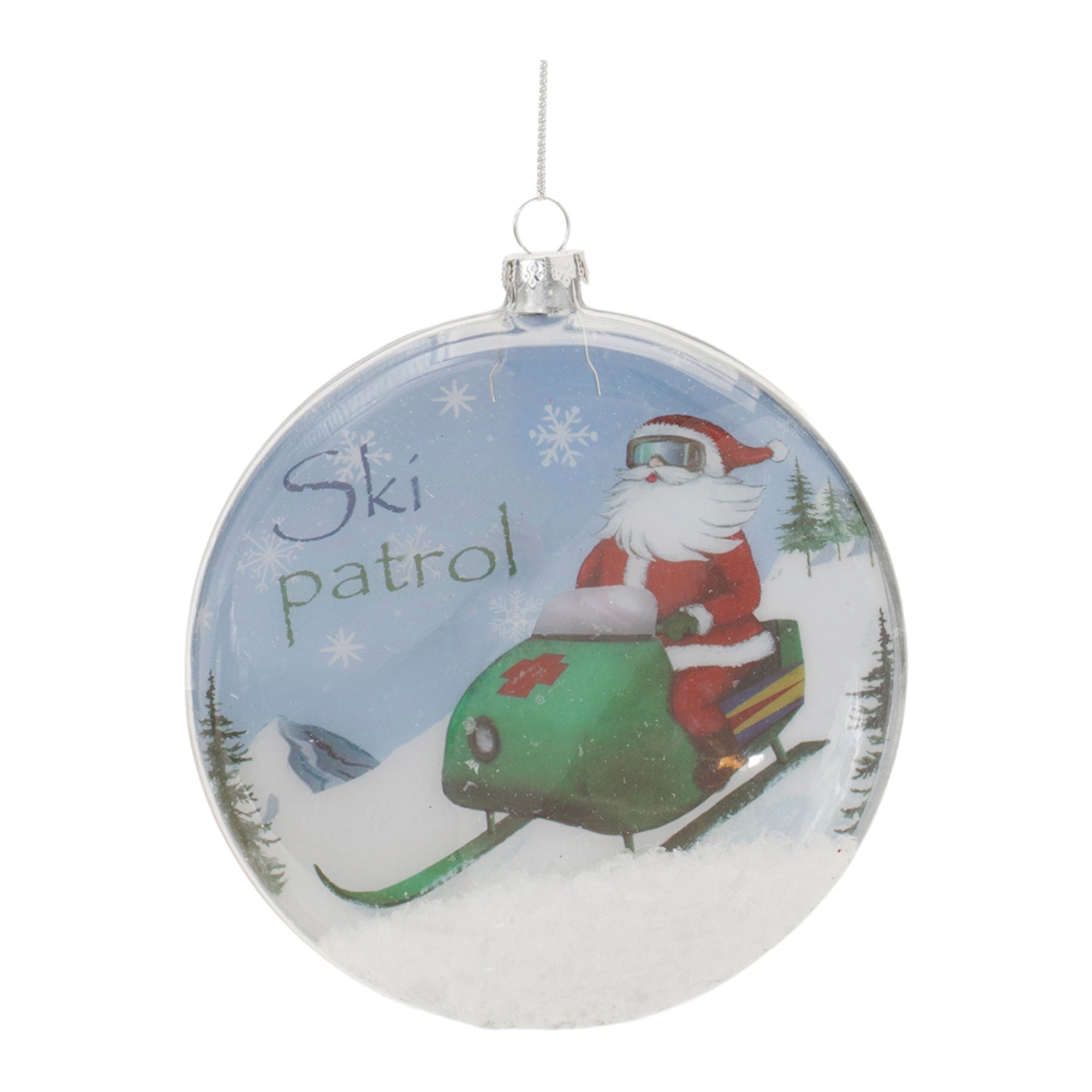Santa Ski Patrol Disc Ornament 5”H Glass