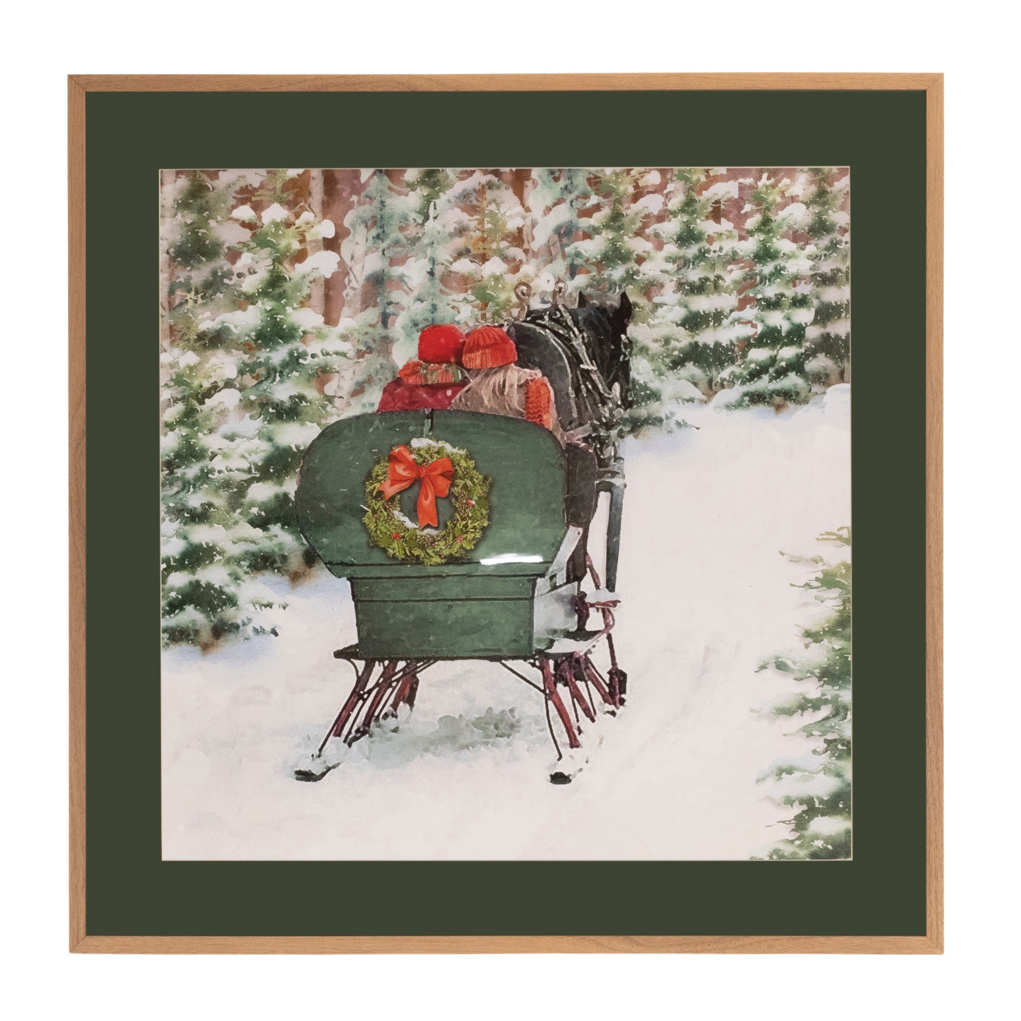 Framed Horse and Sleigh Print 23.5”SQ Wood/Paper