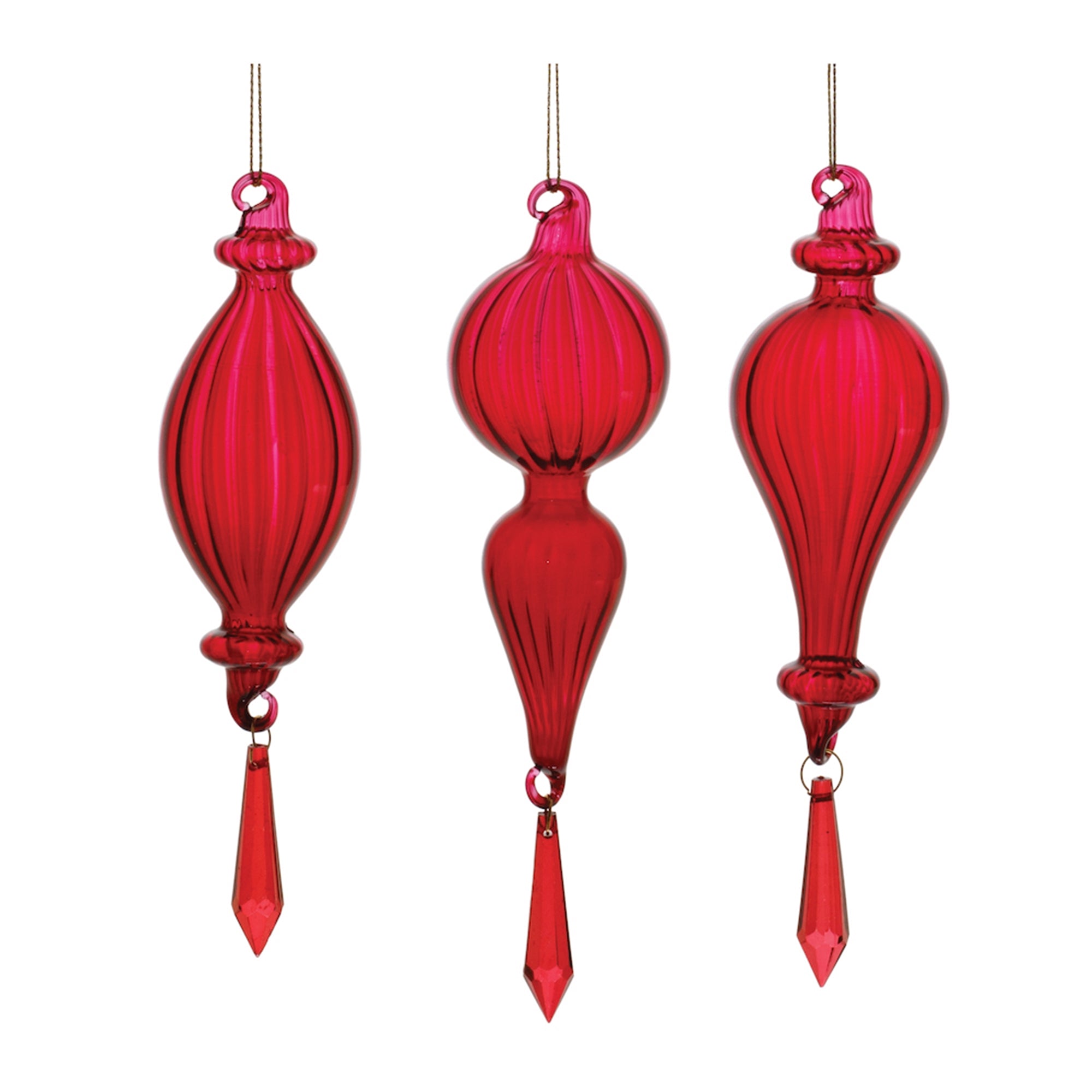 Red Ribbed Glass Drop Ornament with Jewel (Set of 3)