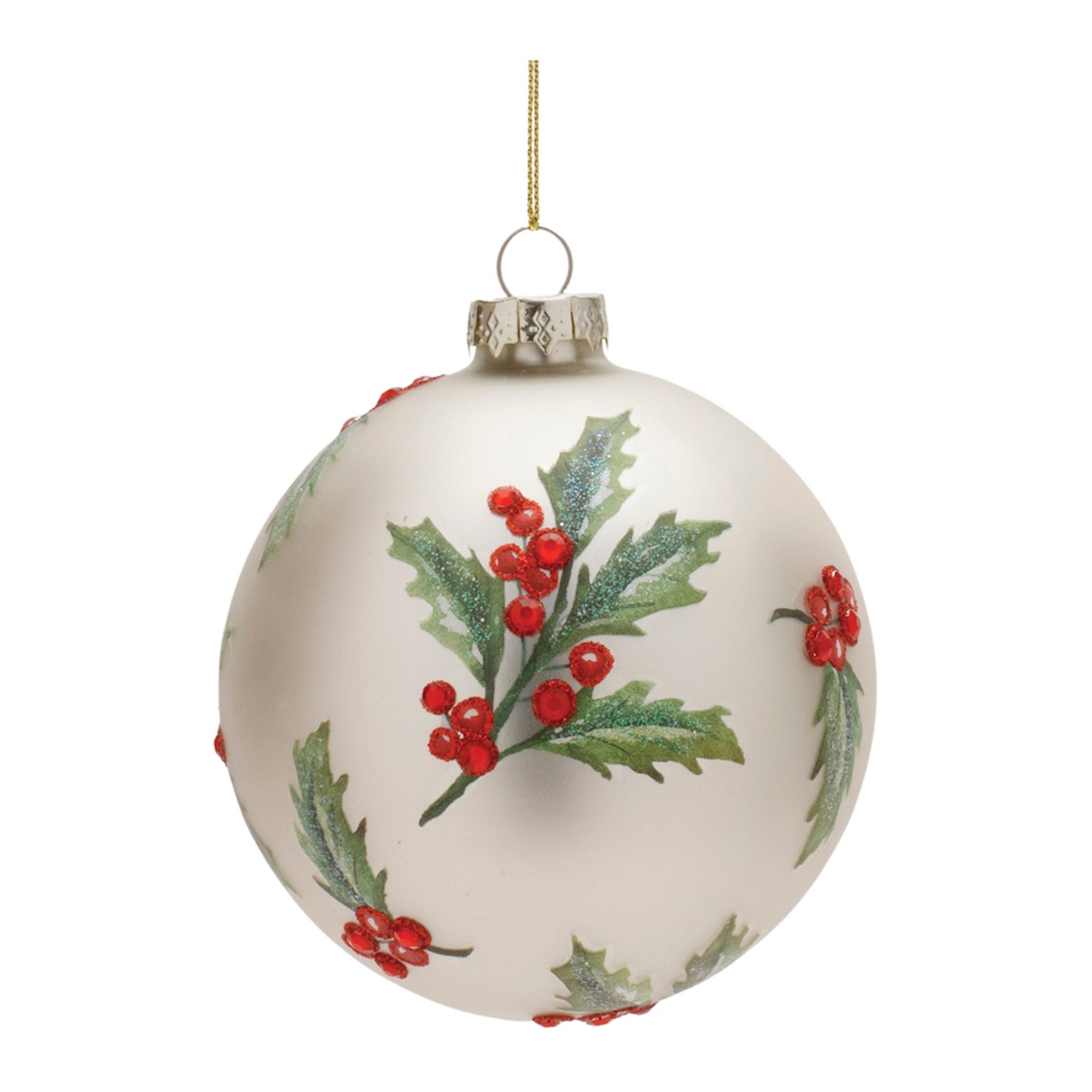 Holly Ball Ornament 4”D Glass