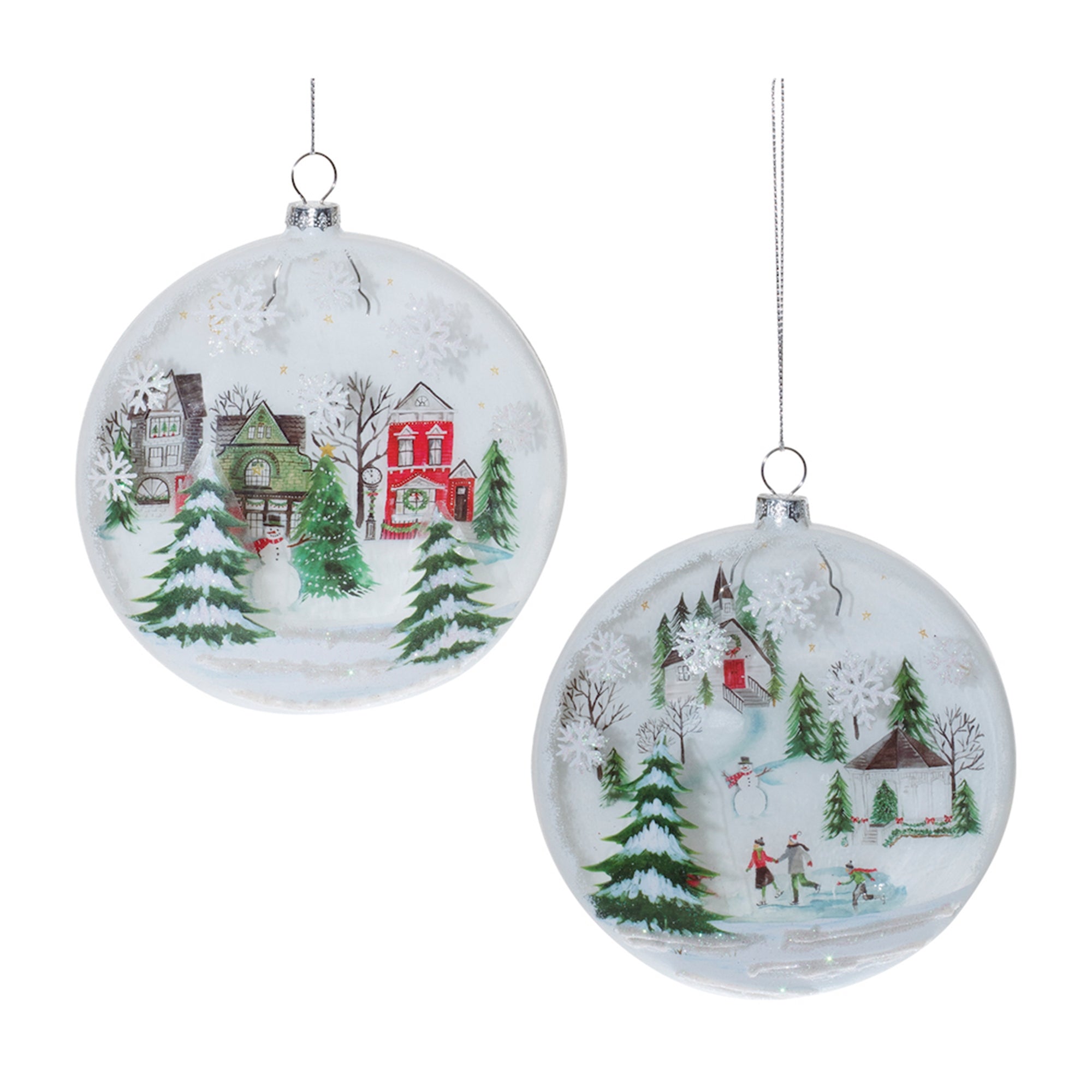 Glass Winter Village Disc Ornament (Set of 12)