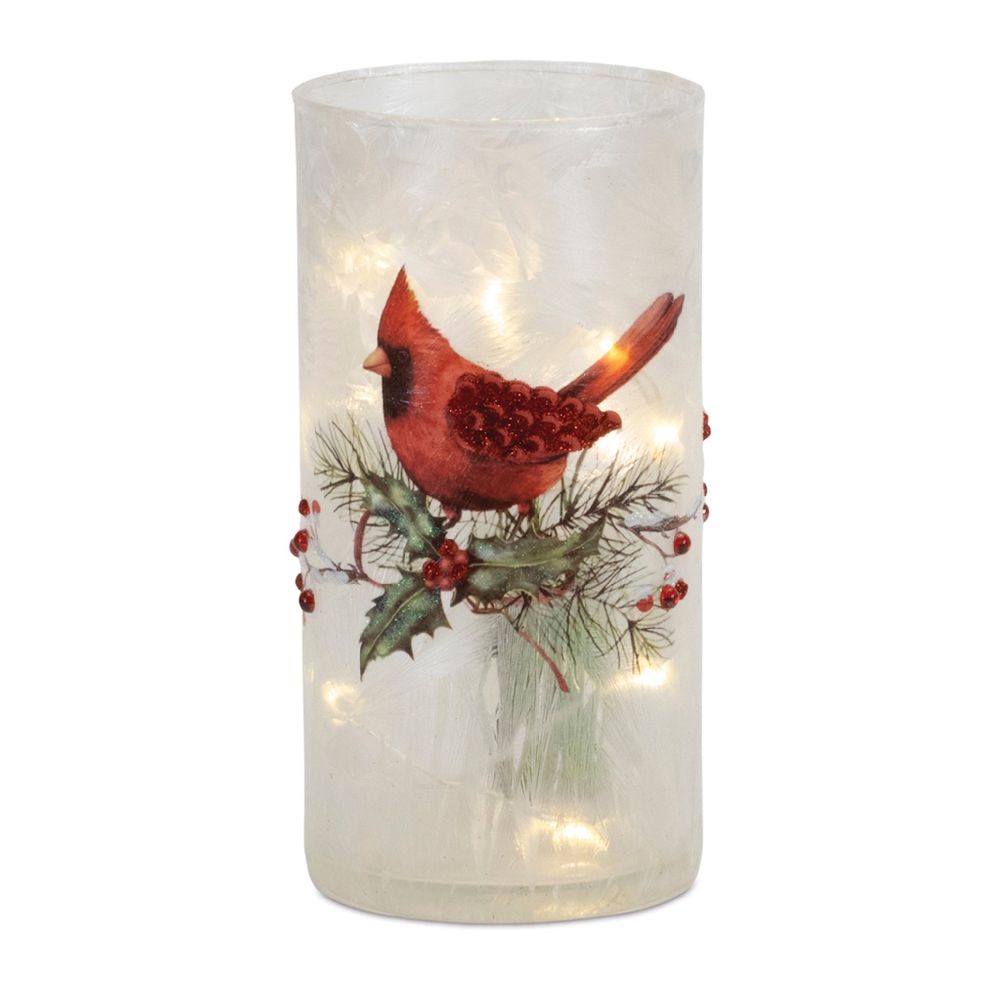 Candle Holder w/Cardinal 4"D x 8"H Glass