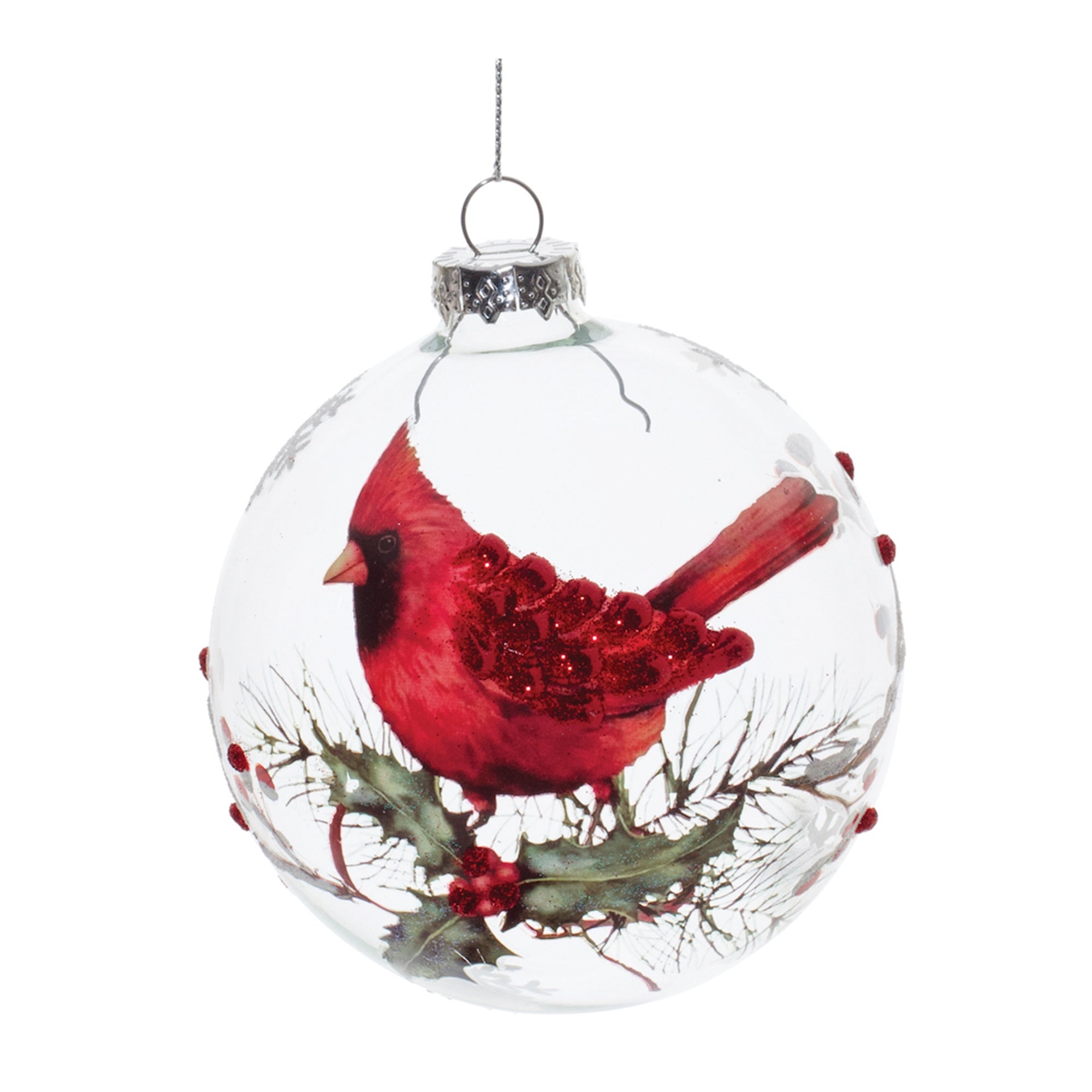 Ball Ornament w/Cardinal 4”D Glass