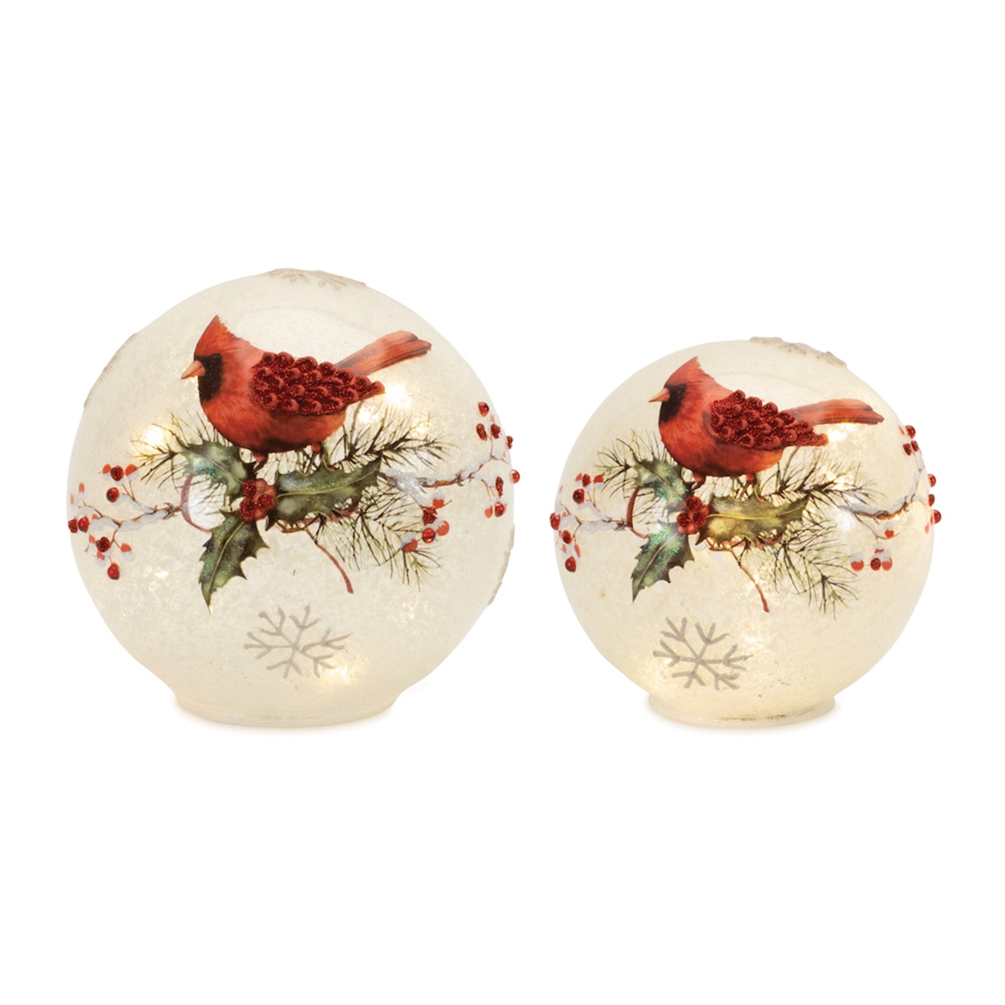 LED Globe w/Cardinal and Holly (Set of 2) 6"H, 7"H Glass 6 Hr Timer  3 AAA or 3 AA Batteries, Not In