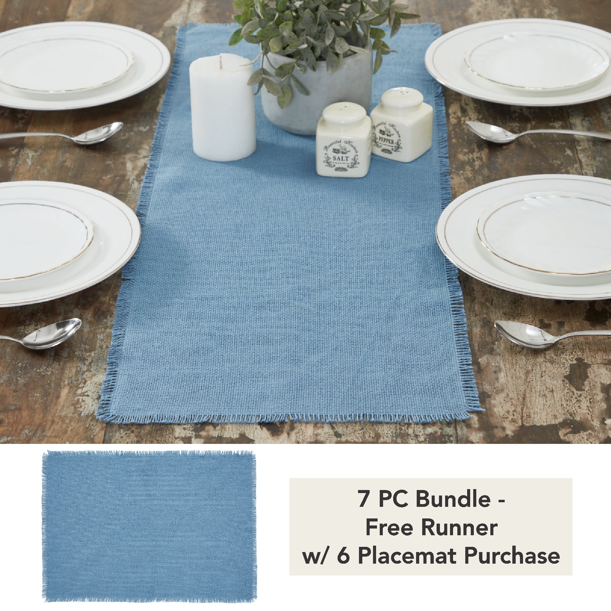 Burlap Blue Runner Fringed 12x36 (7 PC Bundle)