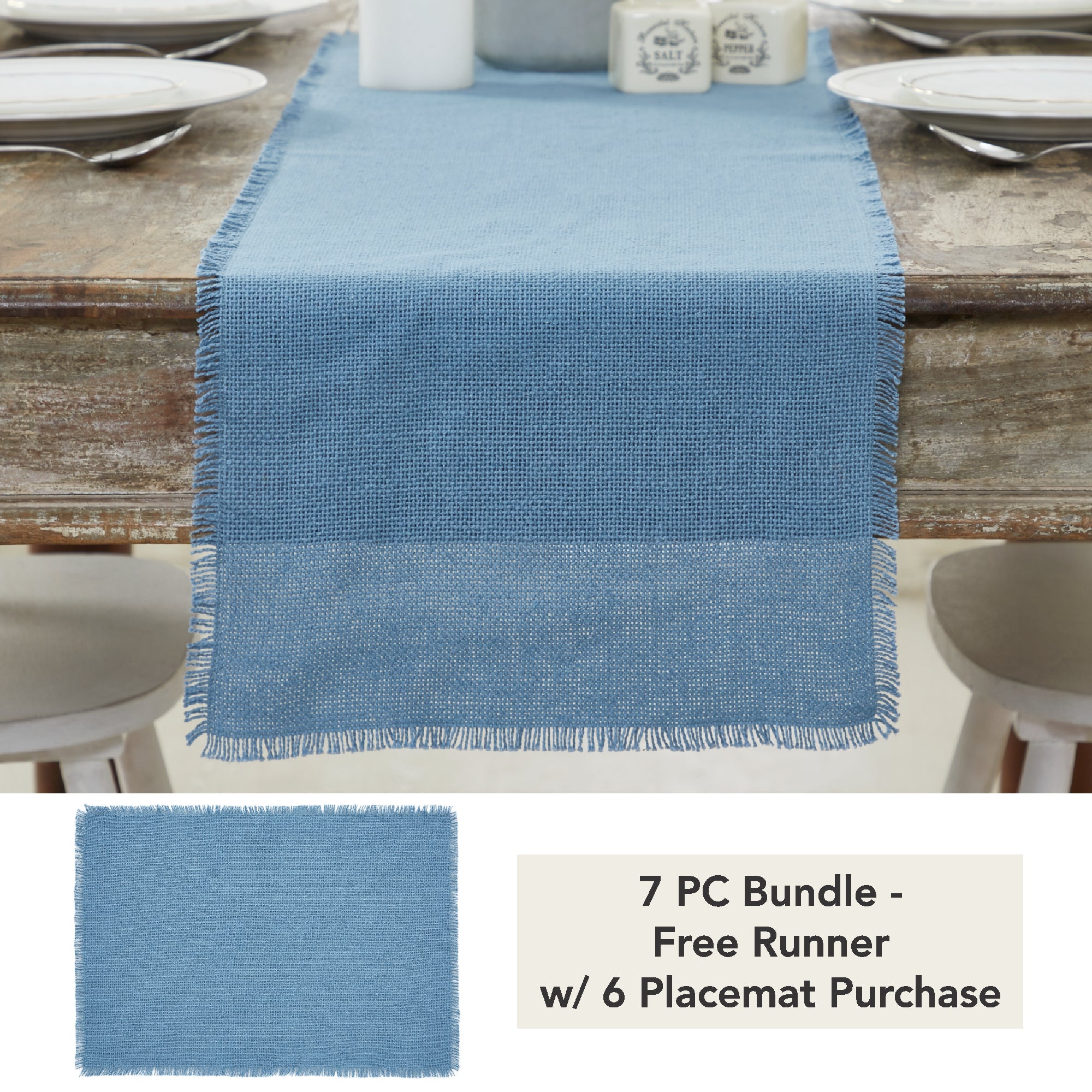 Burlap Blue Runner Fringed 12x48 (7 PC Bundle)