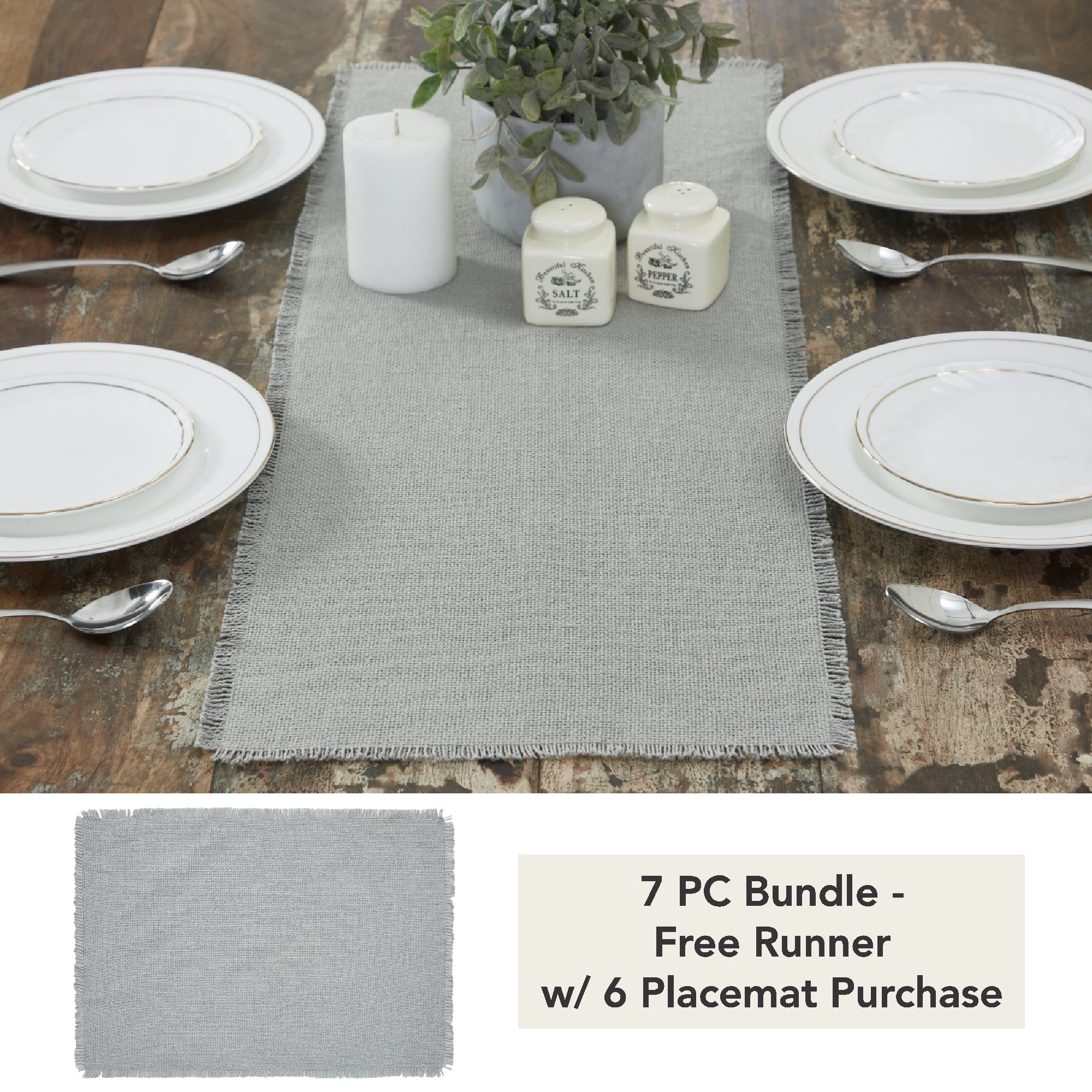 Burlap Dove Grey Runner Fringed 12x36 (7 PC Bundle)