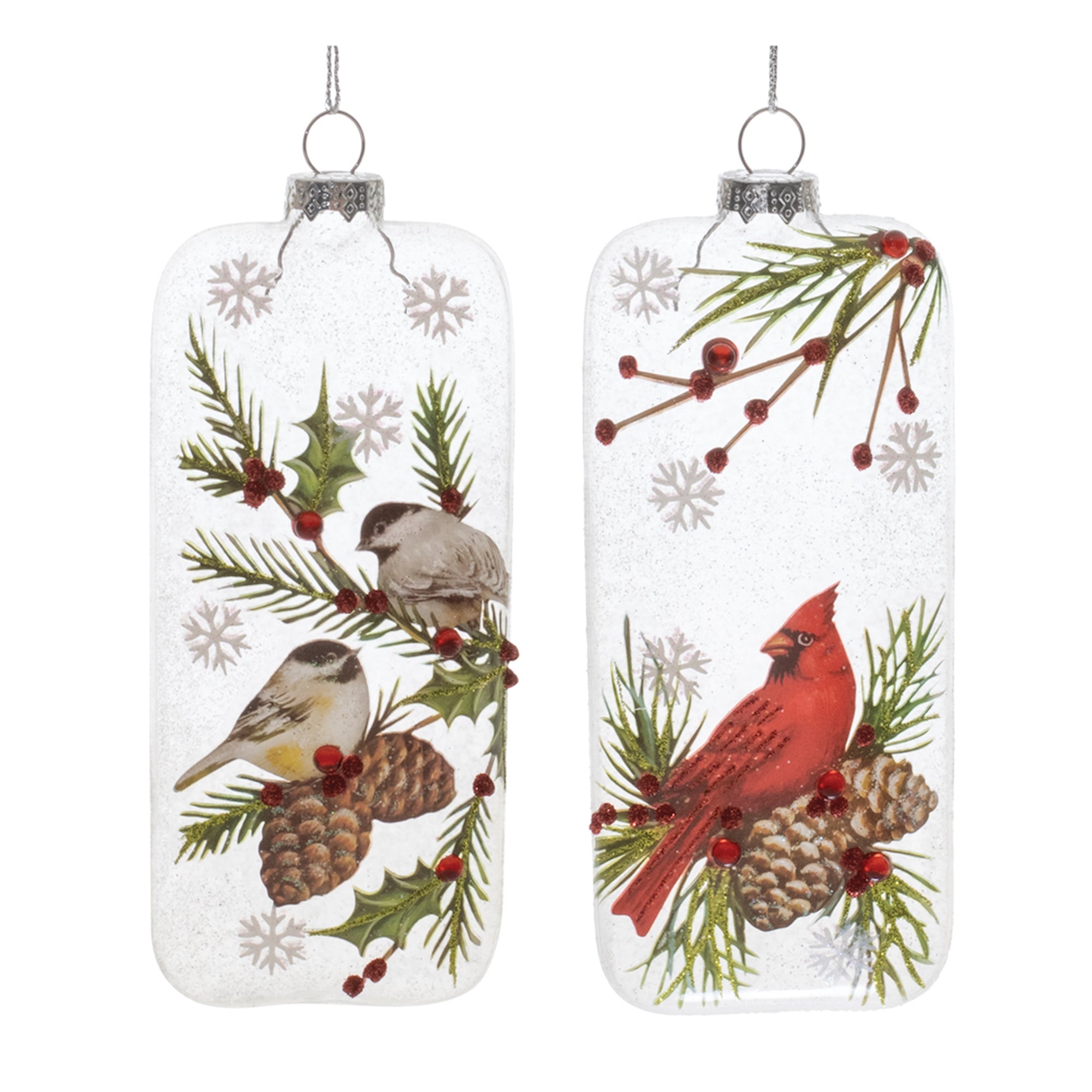 Cardinal and Chickadee Ornament (2 Asst) 6”H Glass