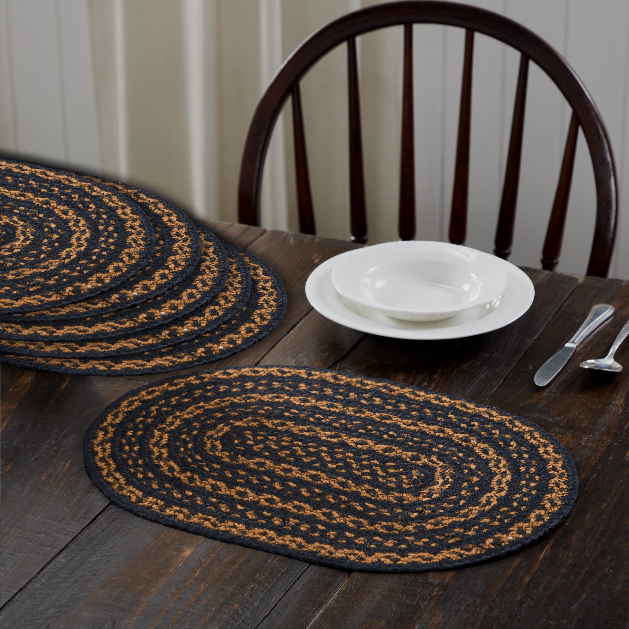 Black & Tan Jute Oval Placemat Set of 6 12x18
