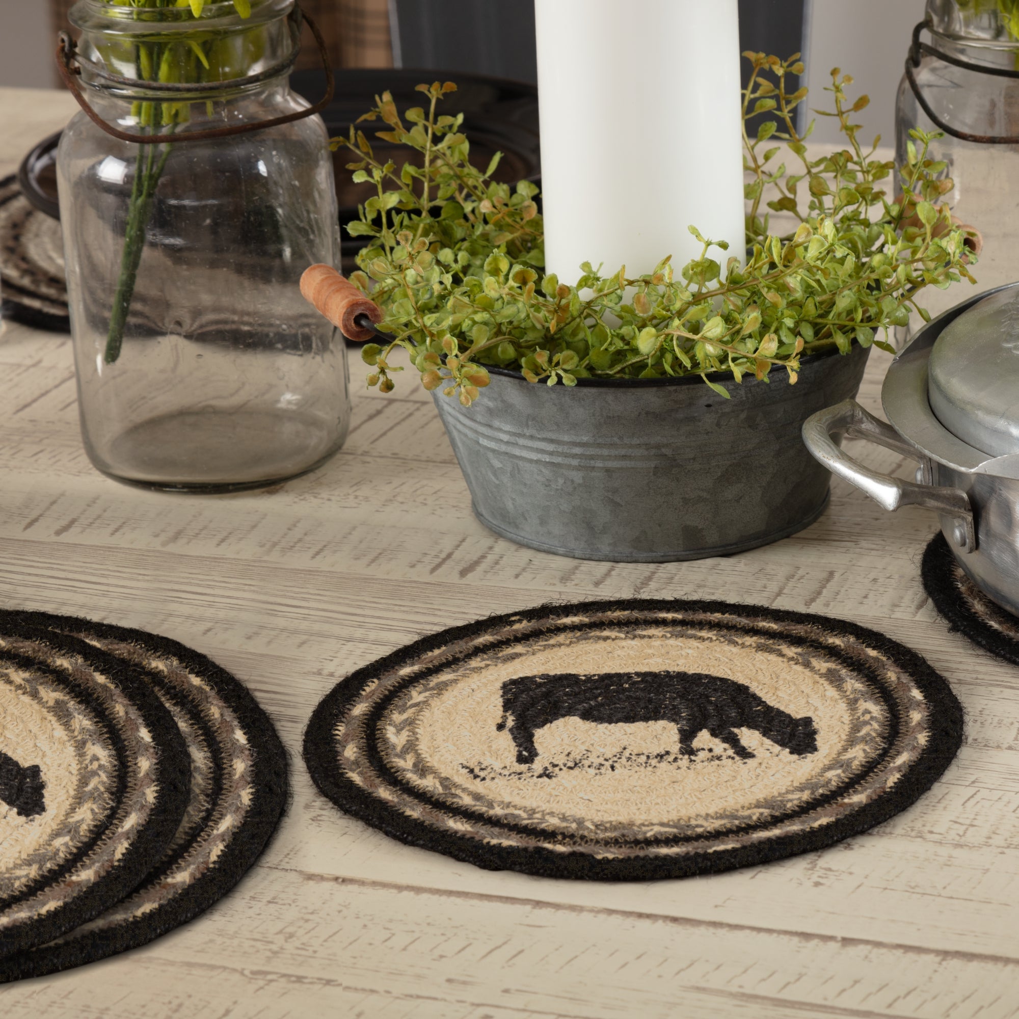 Sawyer Mill Charcoal Cow Jute Trivet 8 Set of 3