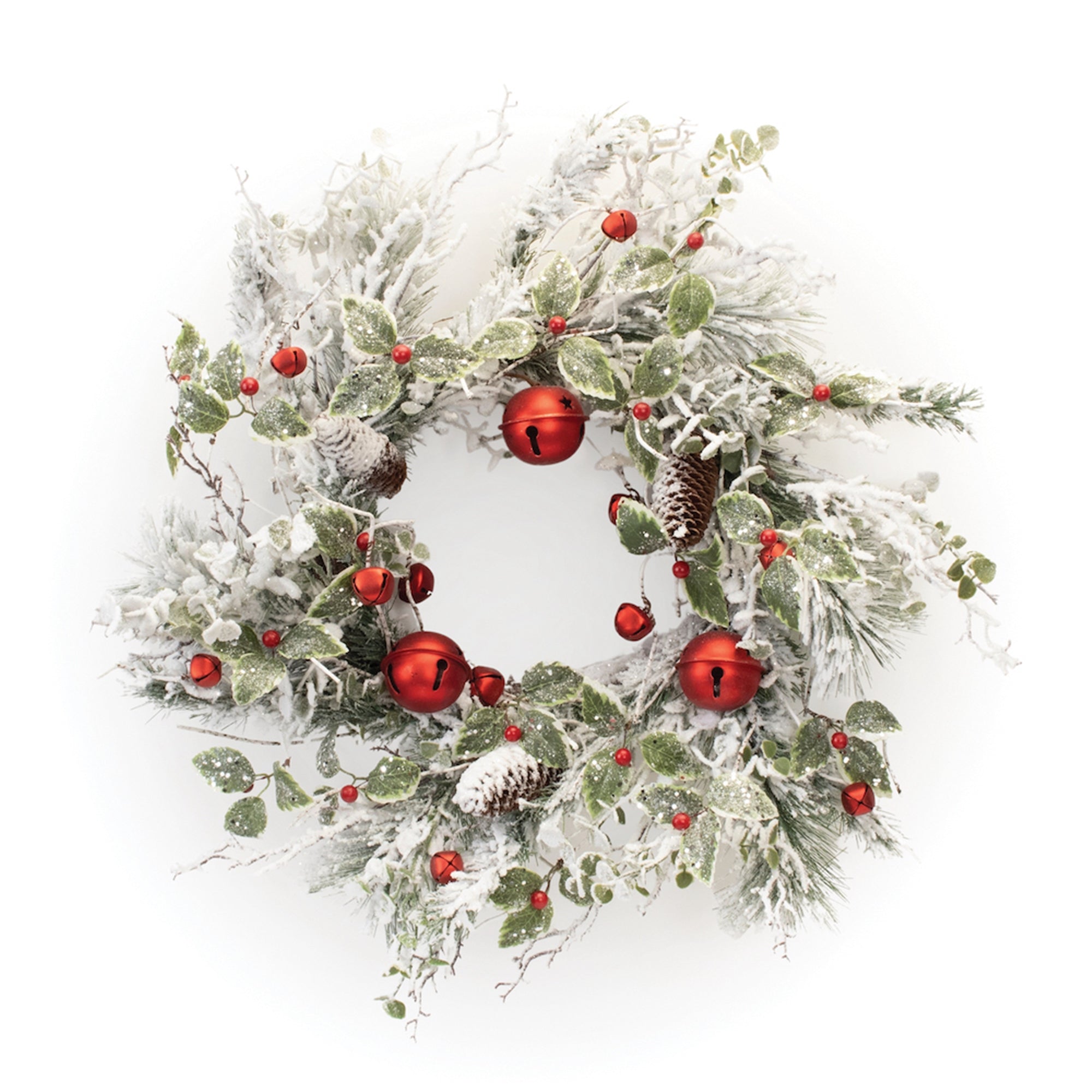 Flocked Pine and Bell Wreath 22”D Polyester/PVC