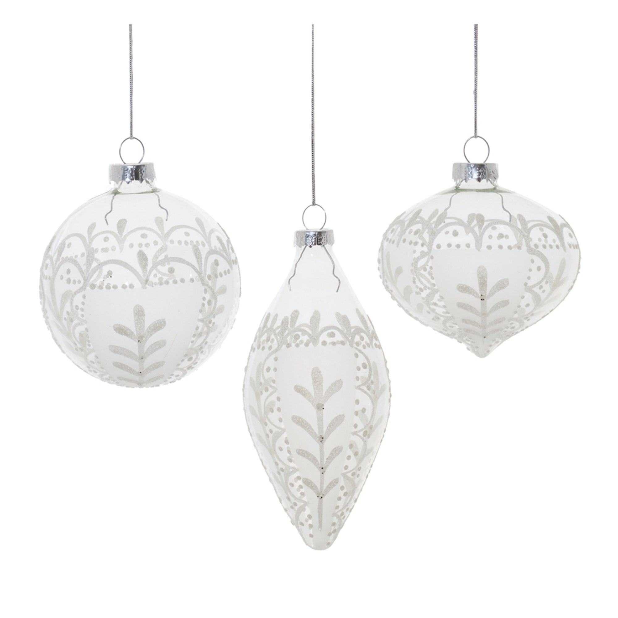 Ornament (3 Asst) 3"D, 3.5"H, 5.5"H Glass