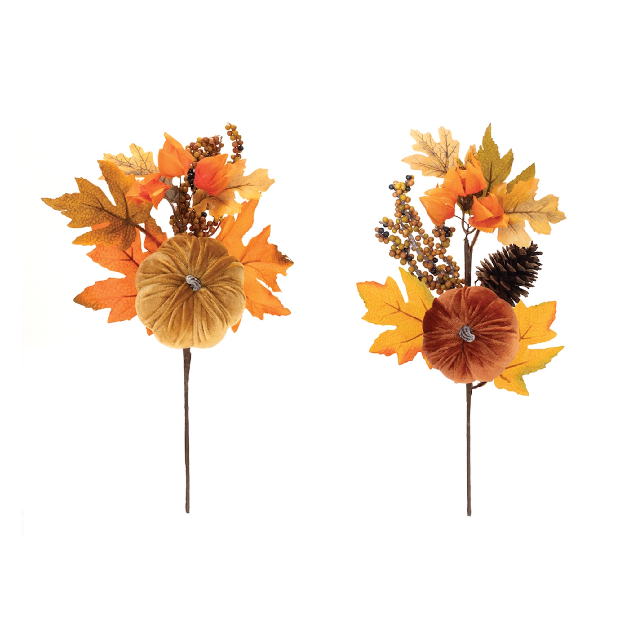 Pumpkin and Foliage Pick (2 Asst) 14”H Polyester