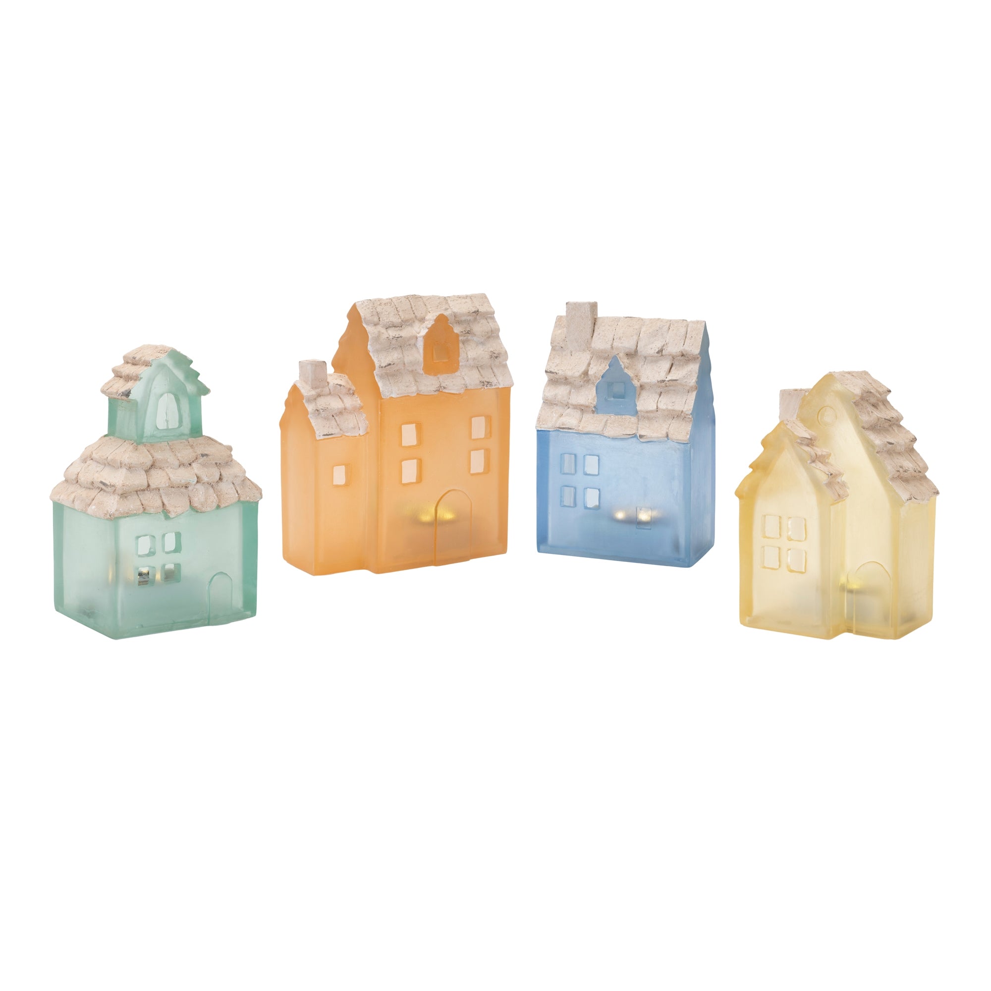 A set of four assorted color resin houses, designed to look like a small townhouse, for seasonal decoration use.