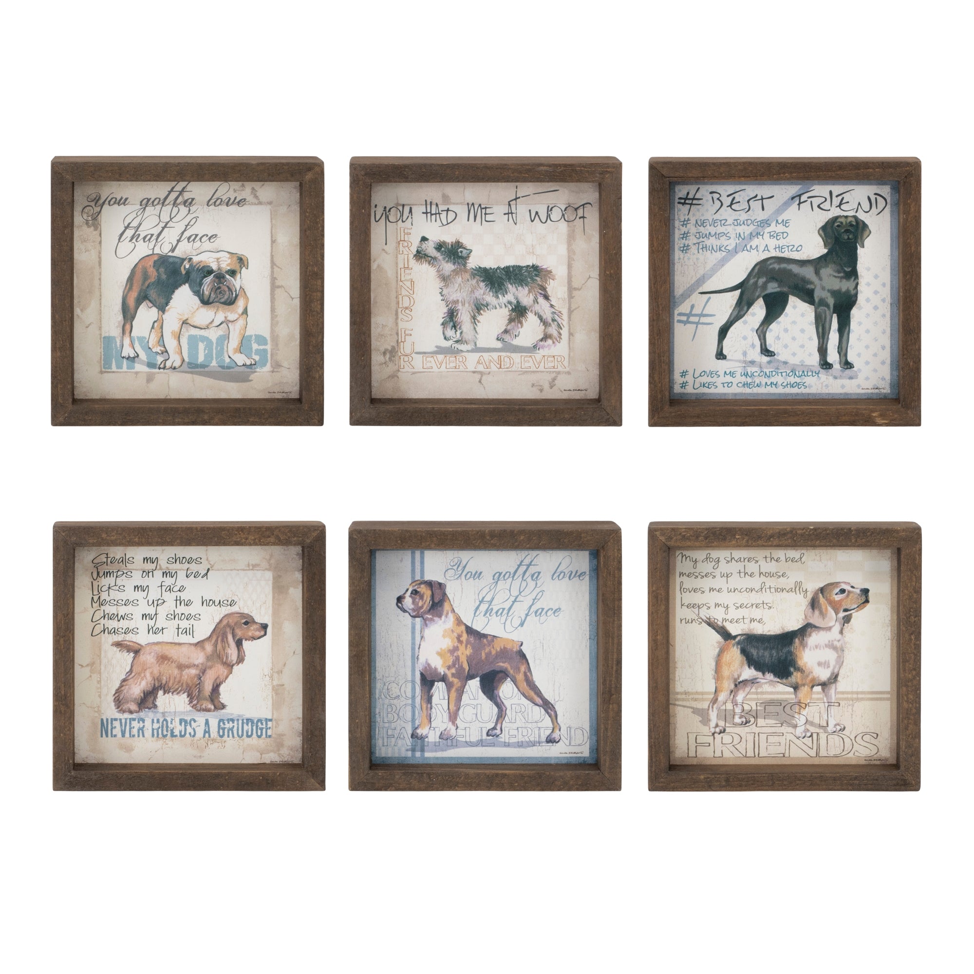 Framed Dog Print (6 Asst) 6”SQ Wood/Wood