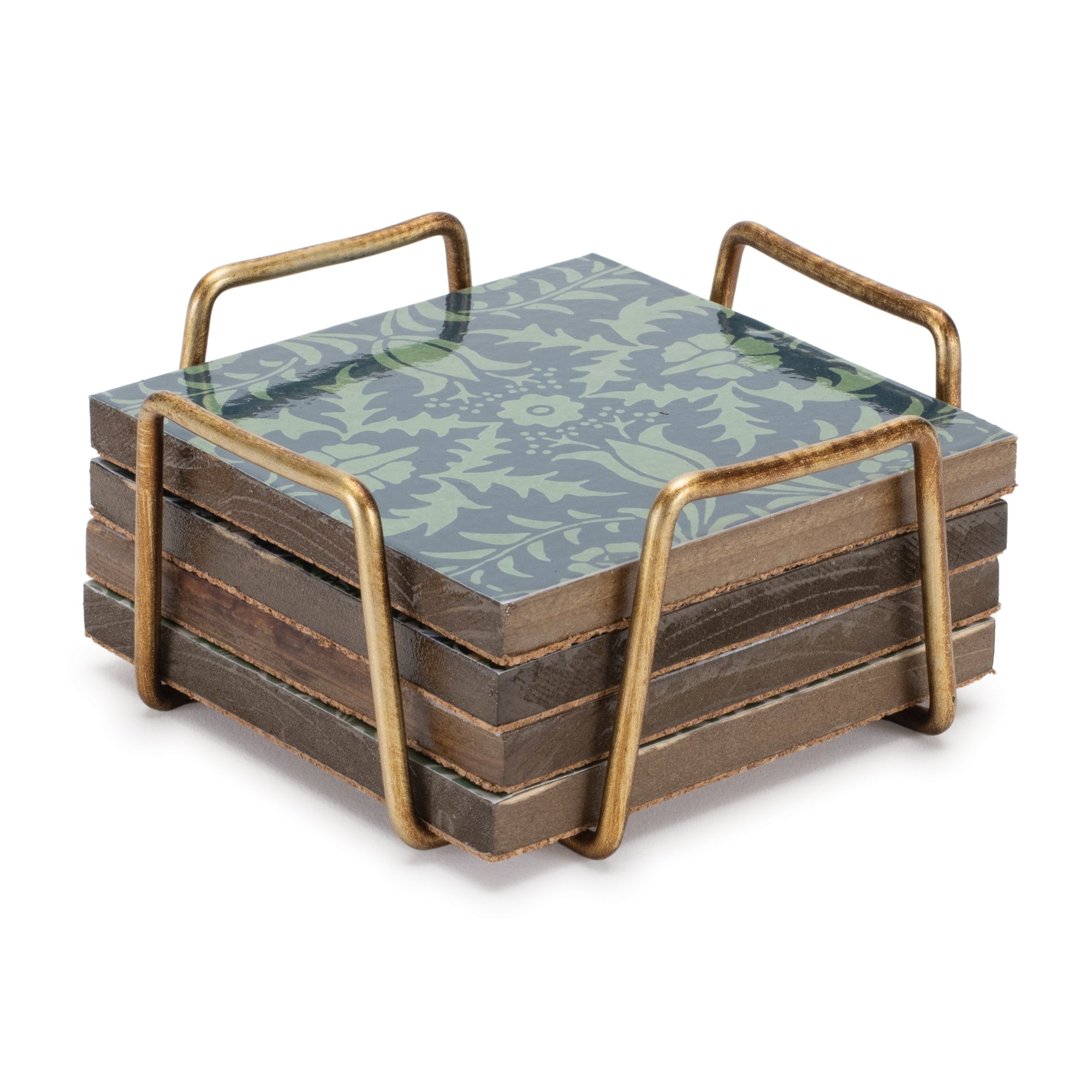 Coaster w/Holder (Set of 4) 4.75"L x 2.25"H Wood/Iron