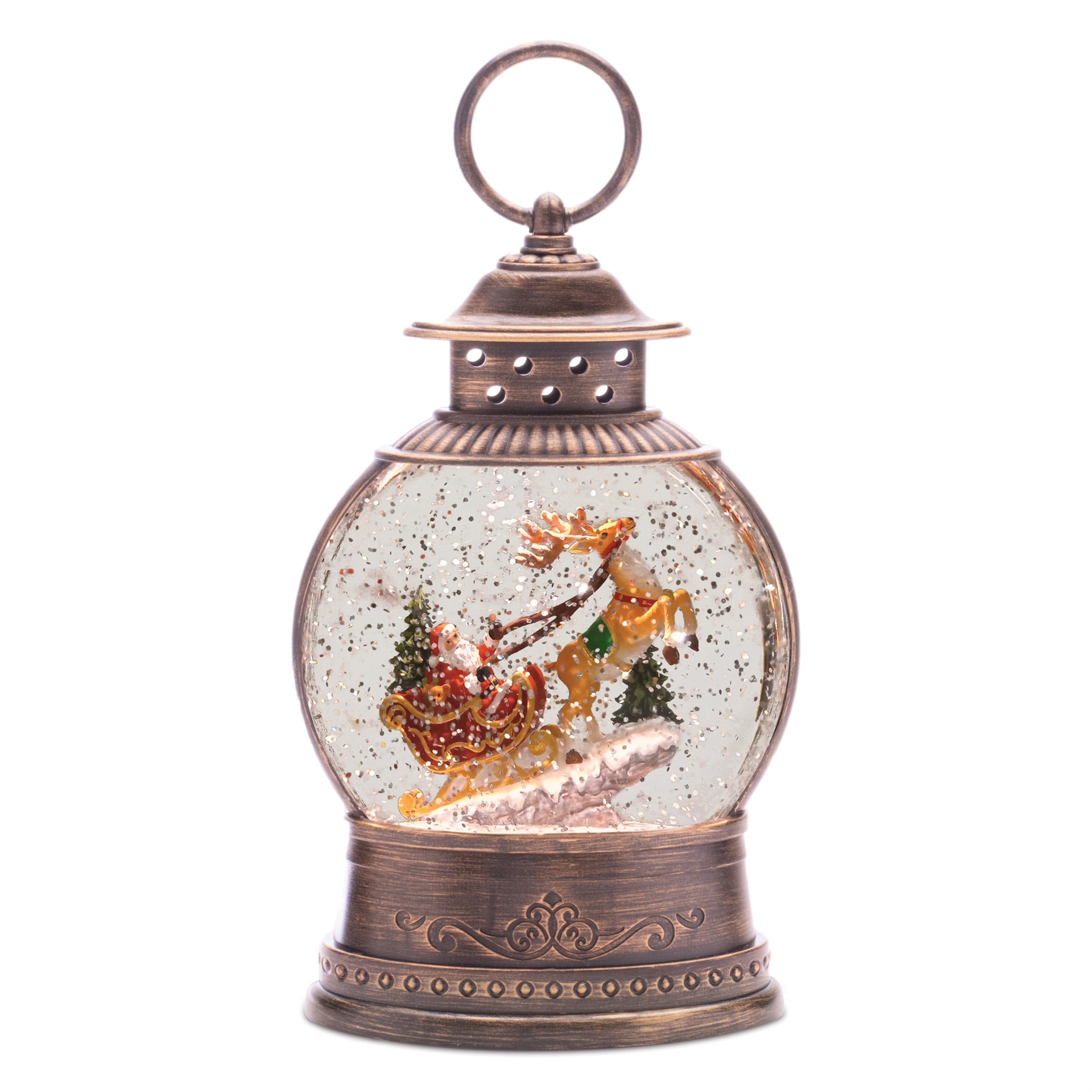 LED Snow Globe w/Santa and Sleigh 9”H  3 AAA Batteries Not Included/USB Cord Included 6 Hr Ti