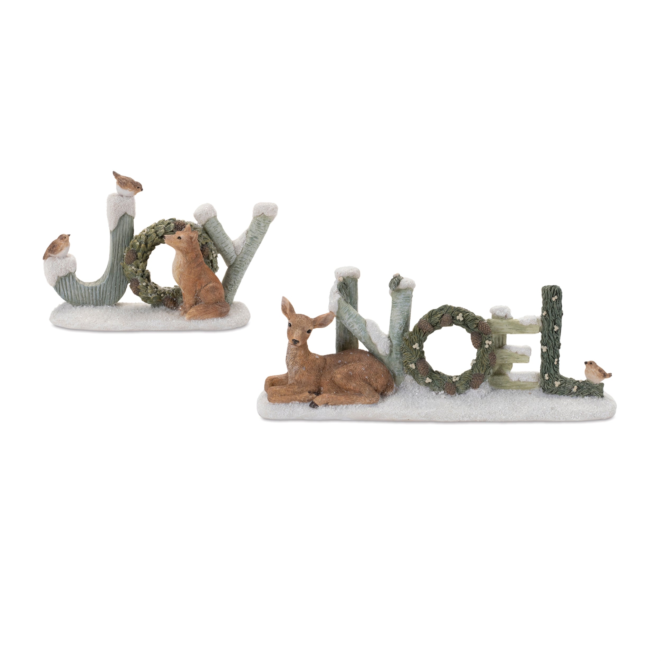 Joy & Noel w/Animals (Set of 2) 6.5"L x 4"H, 9.5"L x 4"H Resin