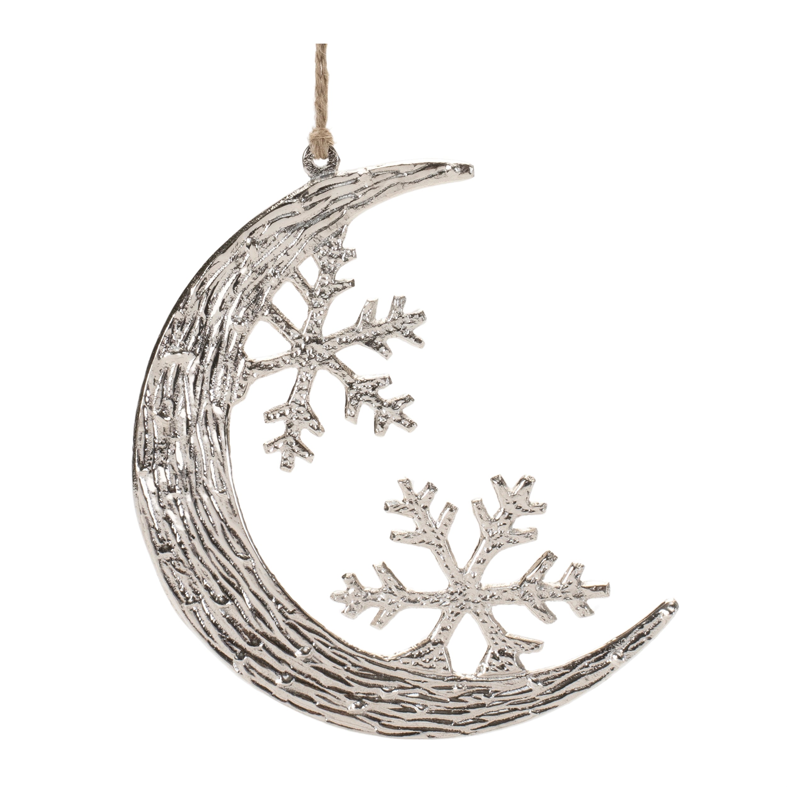 Moon and Snowflake Ornament 6”H Aluminum