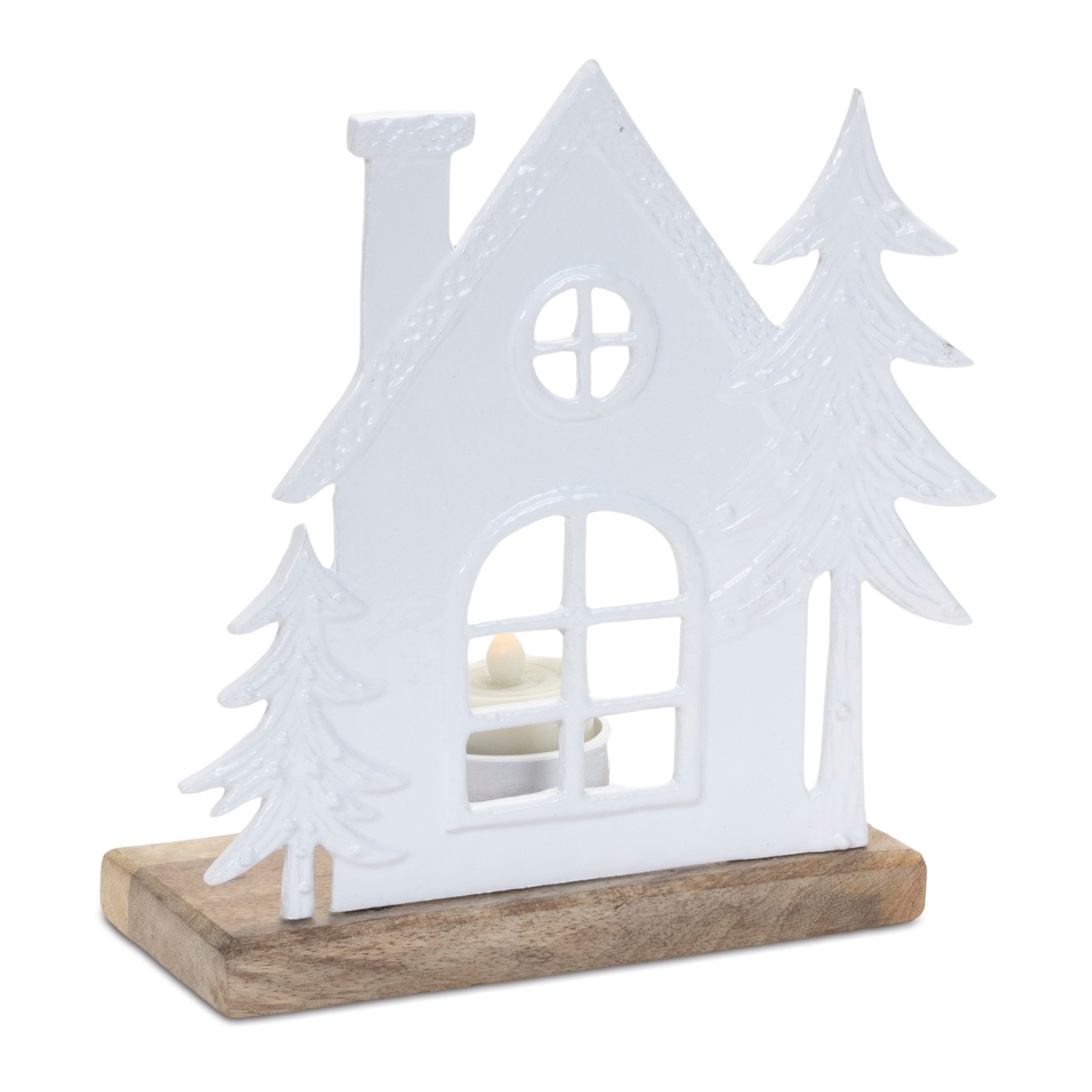 House Tealight Holder 7.5”H Aluminum/Wood