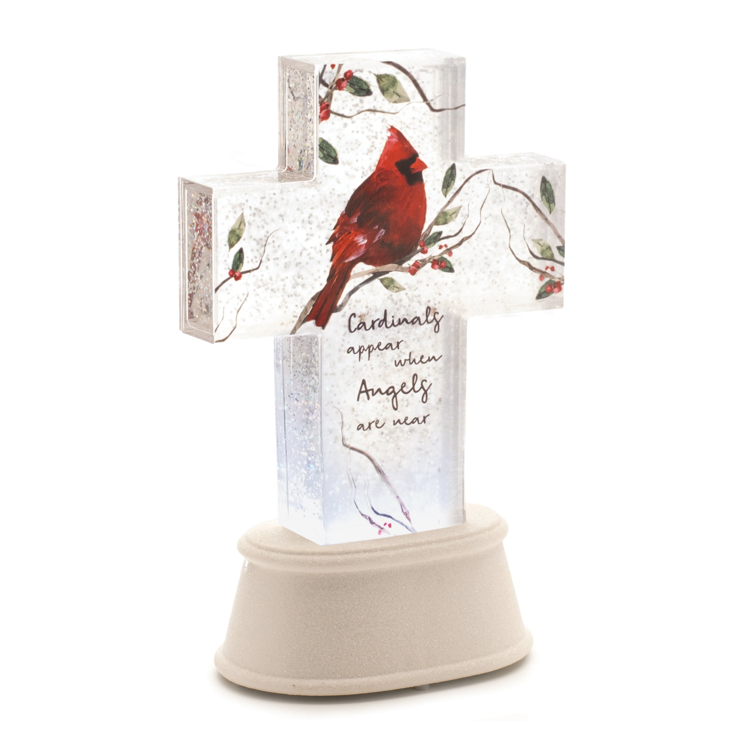 LED Cross w/Cardinal 8.5”H  3 AA Batteries Not Included/USB Cord Included 6 Hr Timer