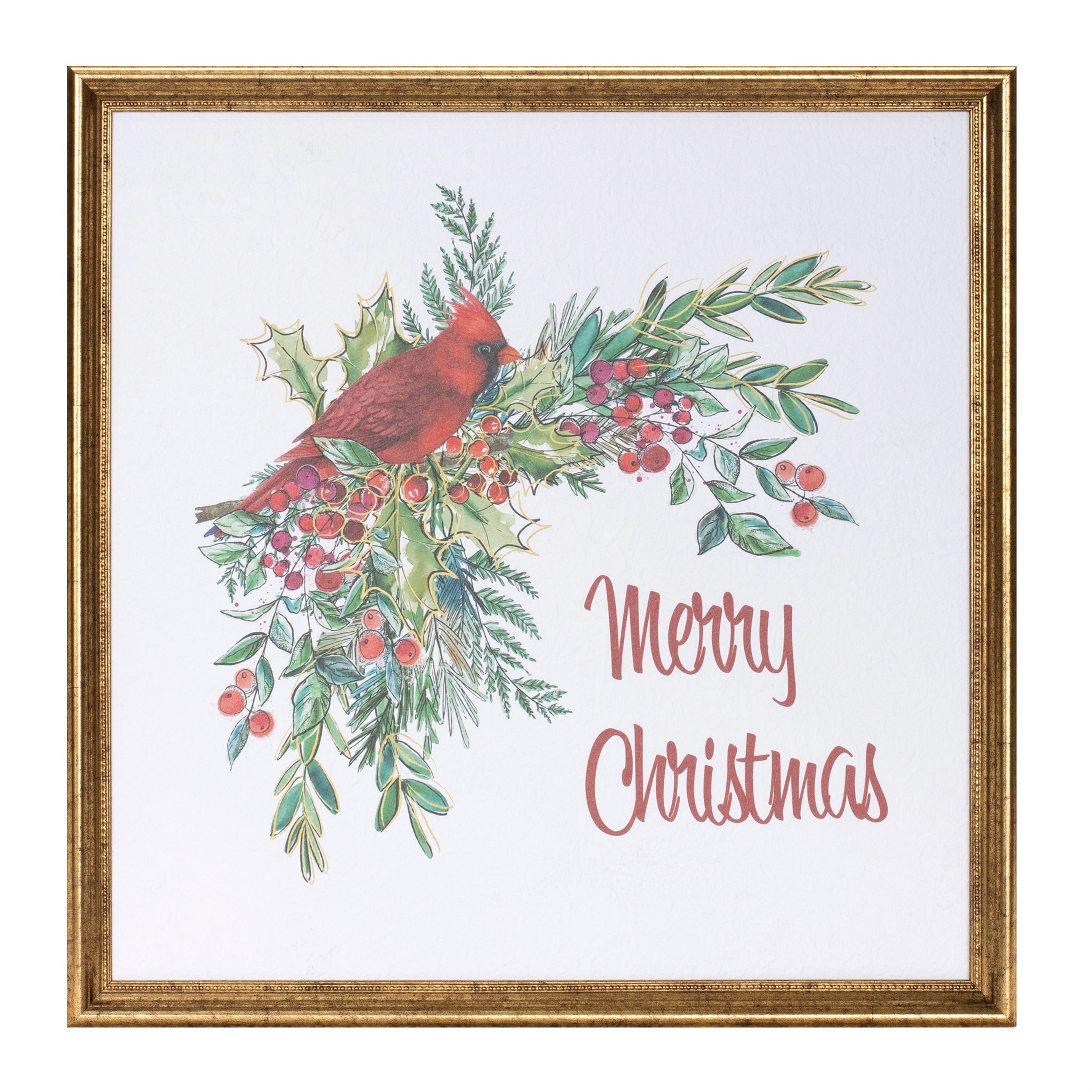 Merry Christmas Cardinal Print 16”SQ Wood/Paper/