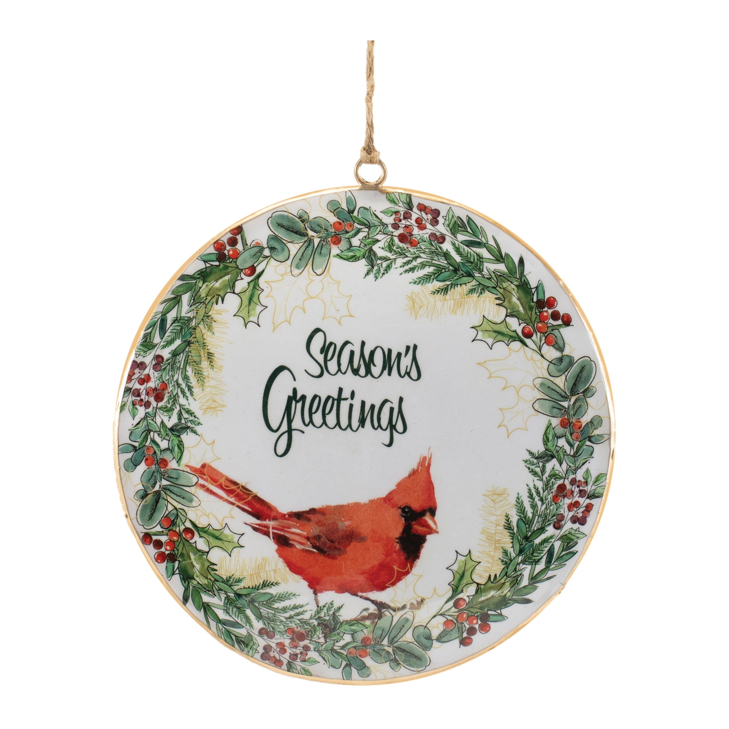 Cardinal and Holly Disc Ornament 6”H Iron