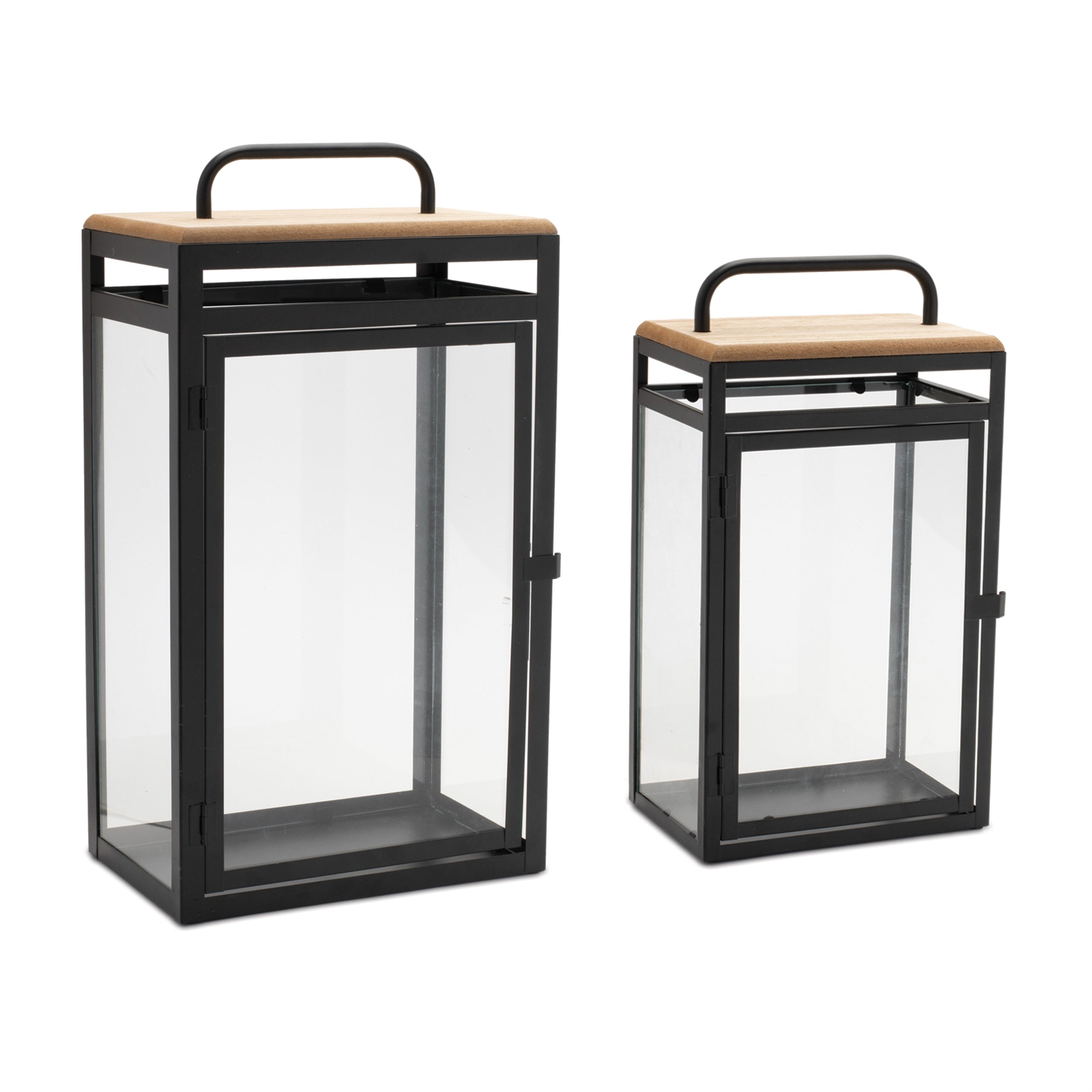 Lantern (Set of 2) 7.5"L x 14.5"H, 10"L x 18"H Metal/Wood/Glass