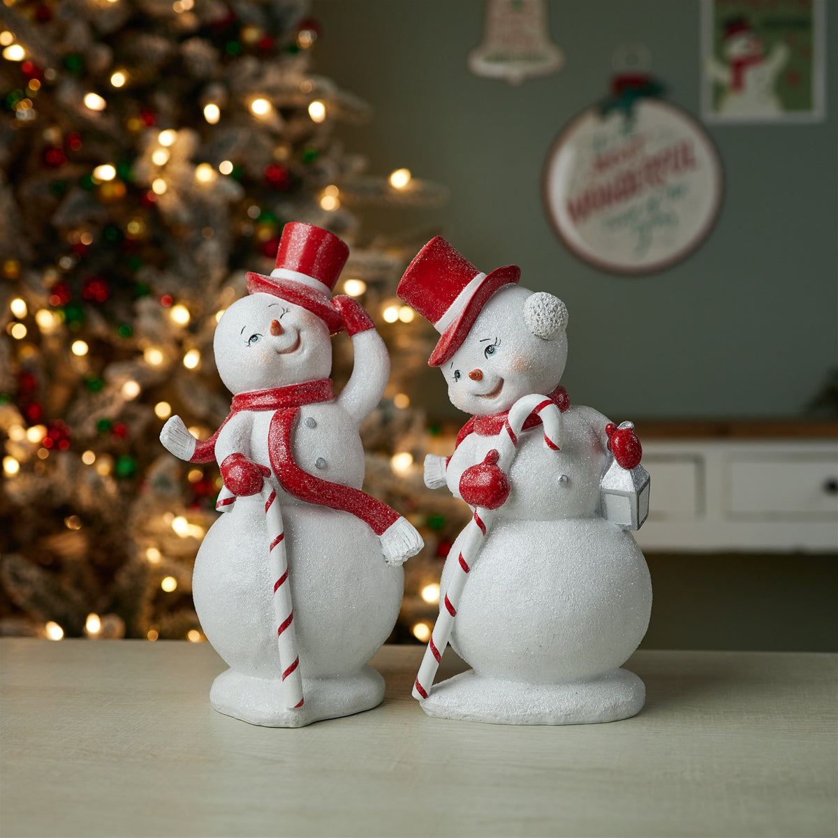 Snowman with Candy Cane Figurines (S/2)