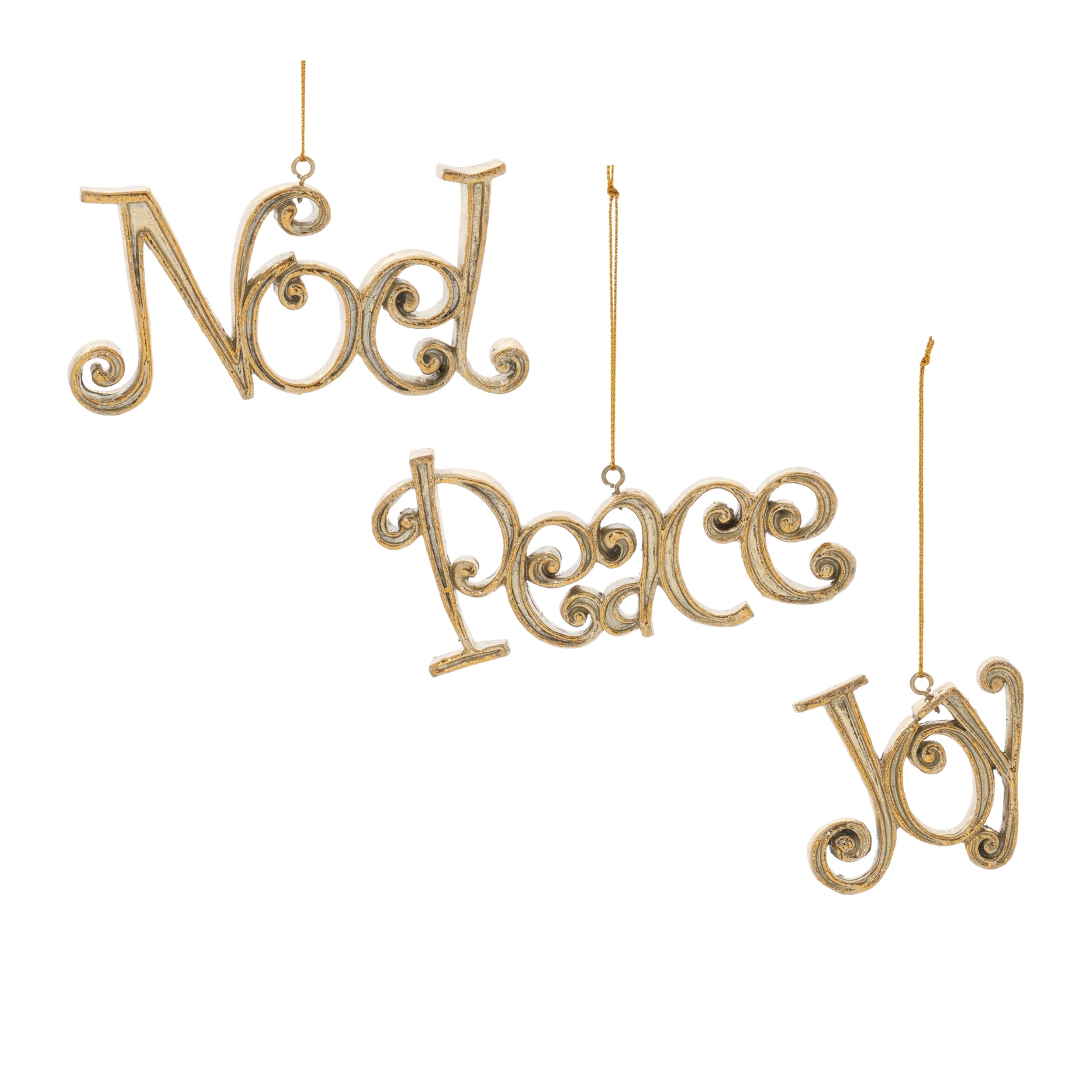Noel/Joy/Peace Ornament (3 Asst) 2.5”H Resin