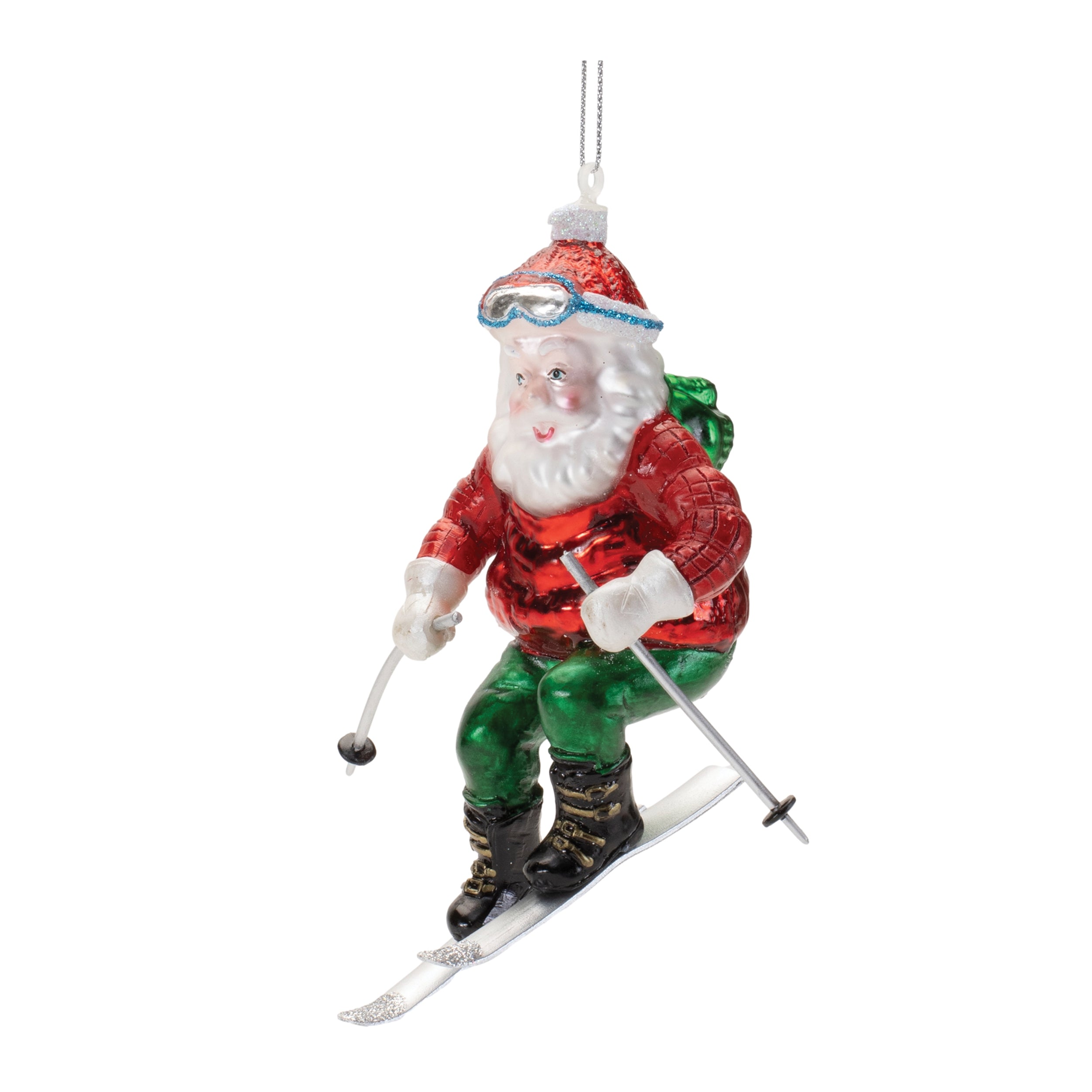 Santa on Skis Ornament 4.5”H Glass
