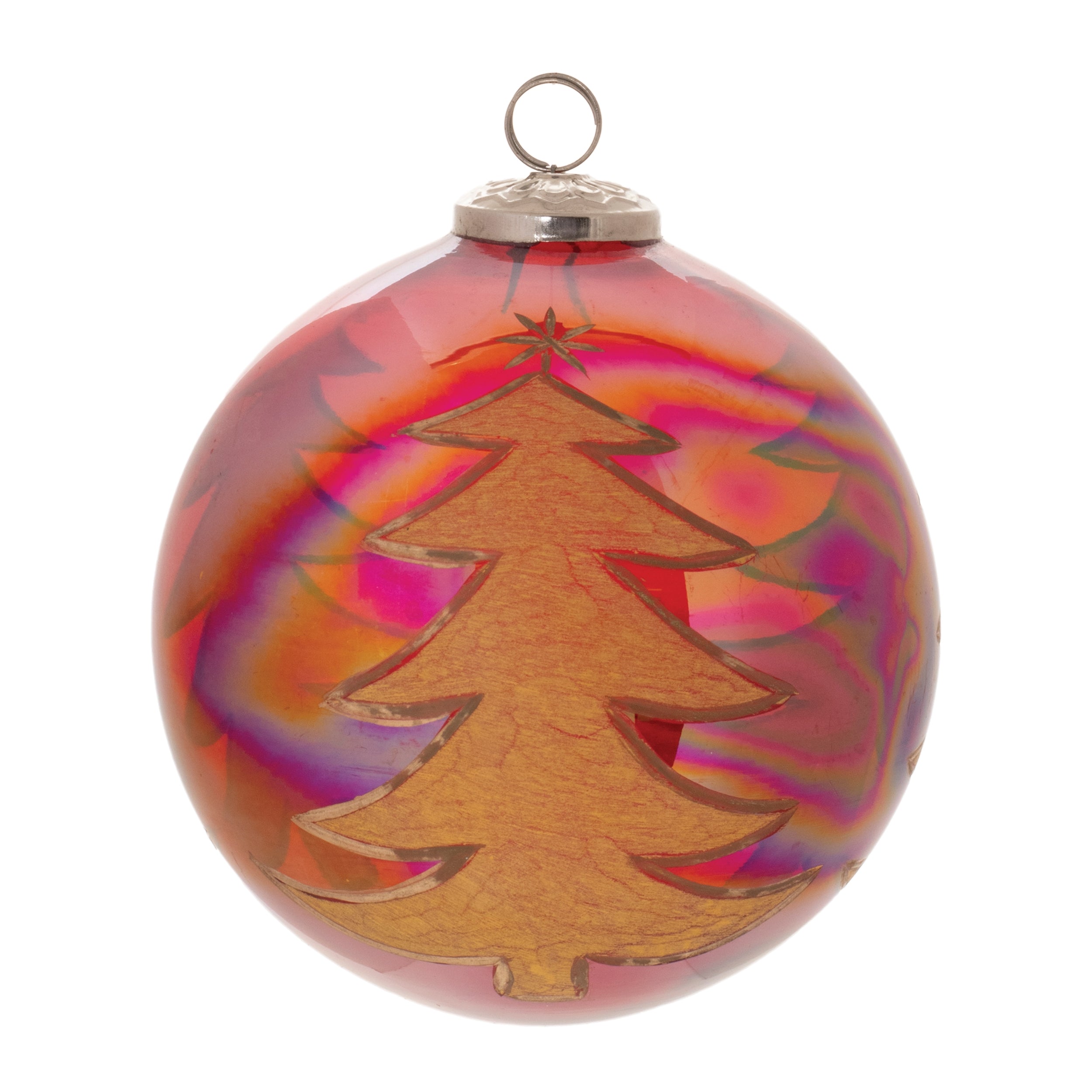 Ball w/Tree Ornament 6”D Glass