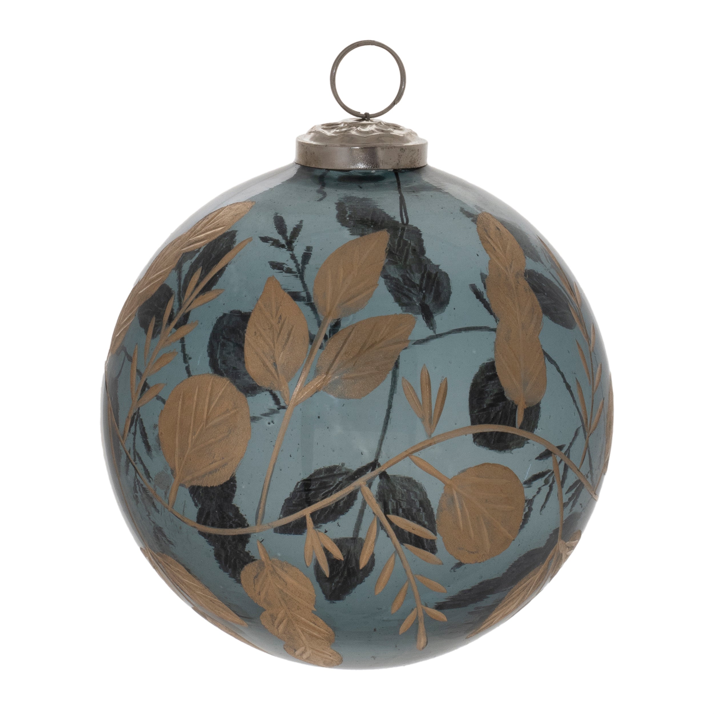 Ball Ornament w/Leaves 5”D Glass
