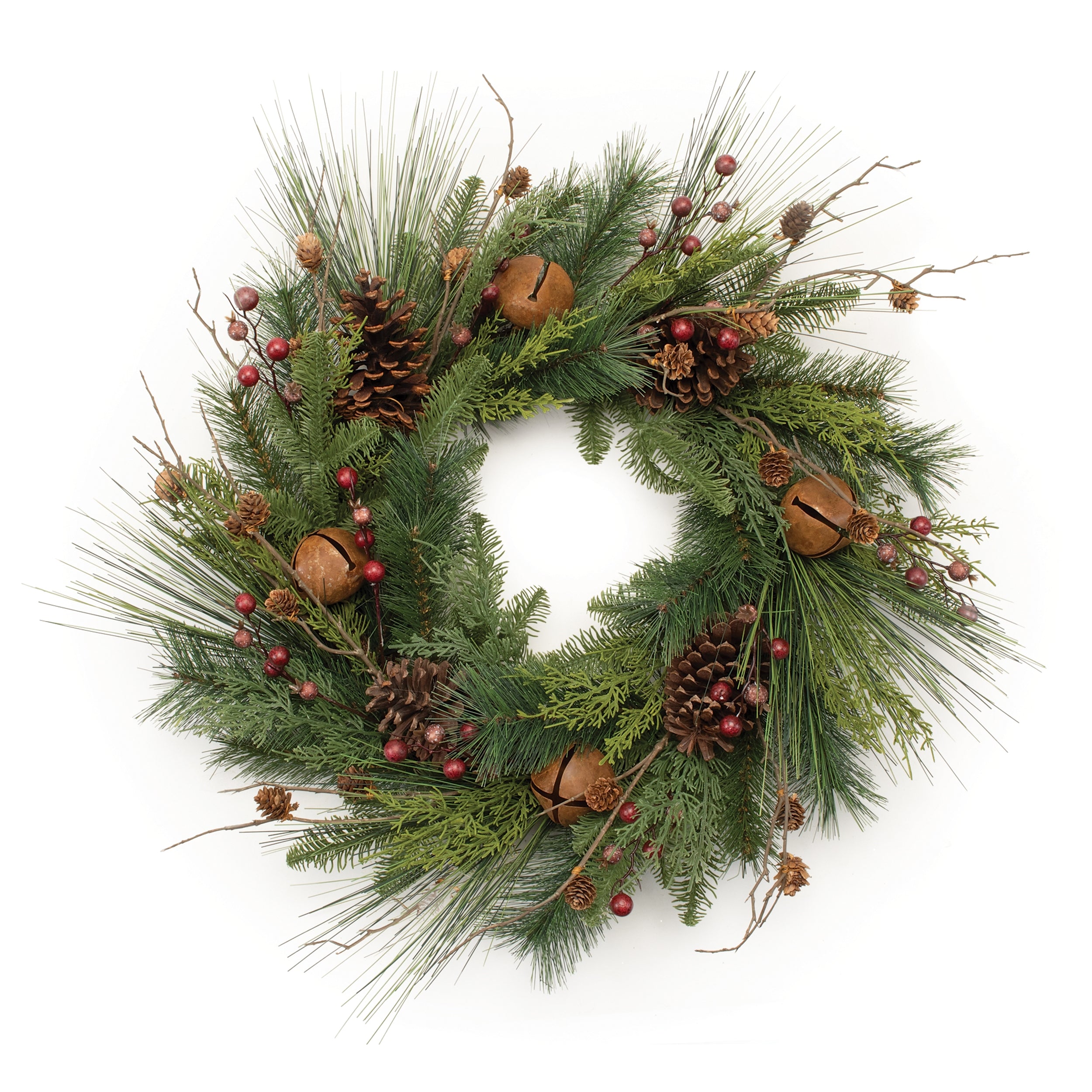 Mixed Pine Wreath w/Sleigh Bells 24”D /Foam/Metal