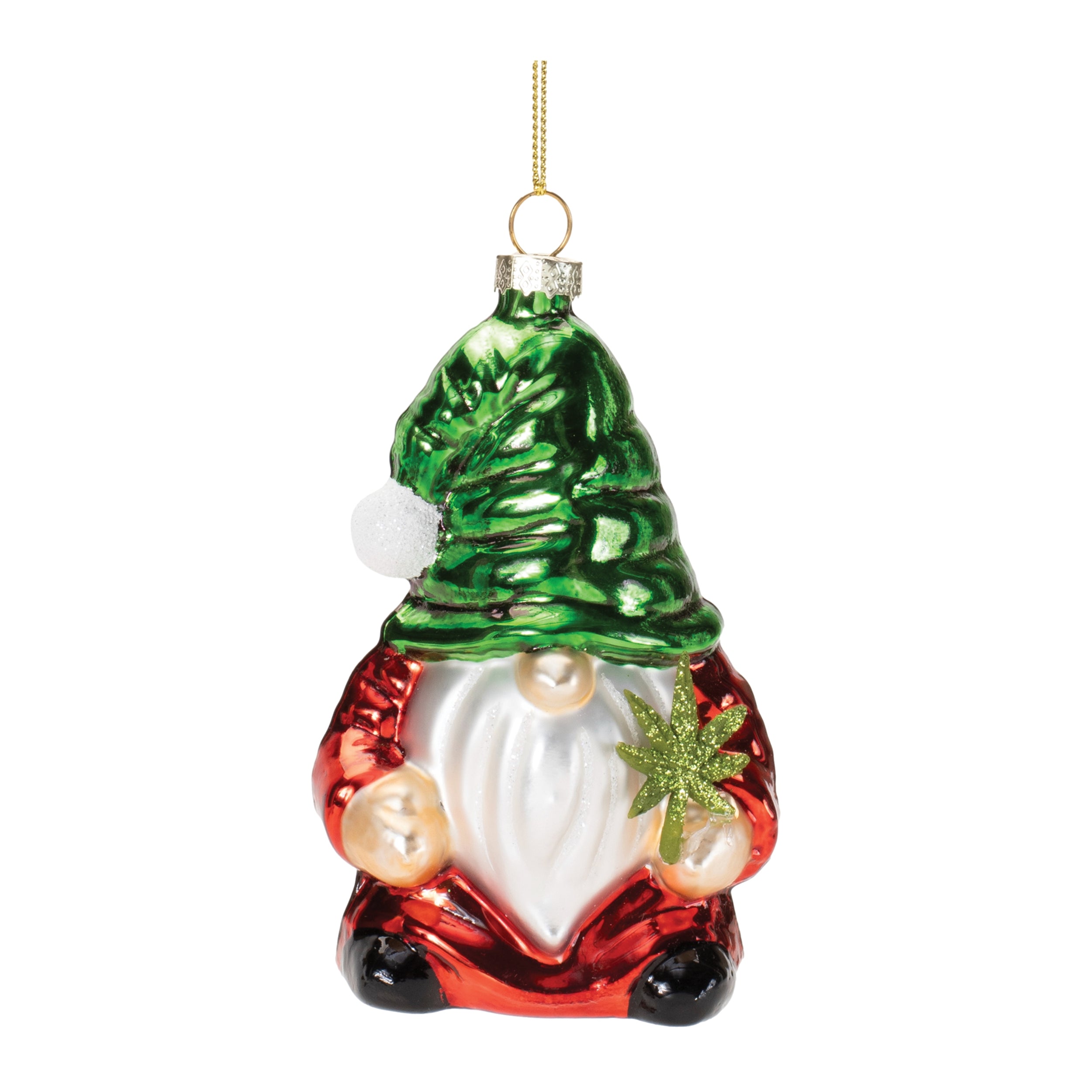 Gnome w/Cannabis Leaf Ornament 4.25”H Glass