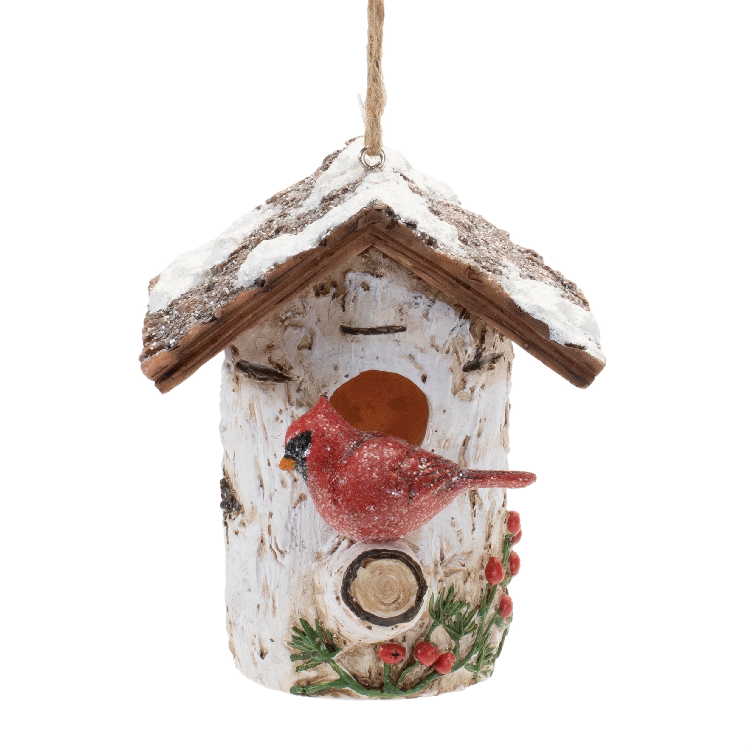 Cardinal and Birdhouse Ornament 3”H Resin