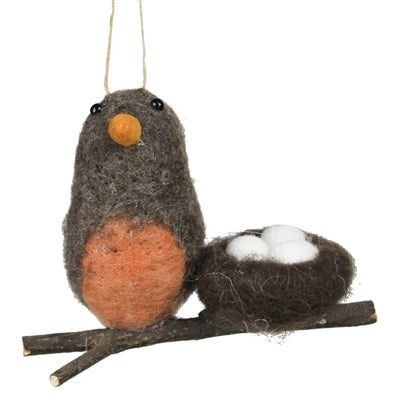 Bird on Branch with Nest Ornament, Felt