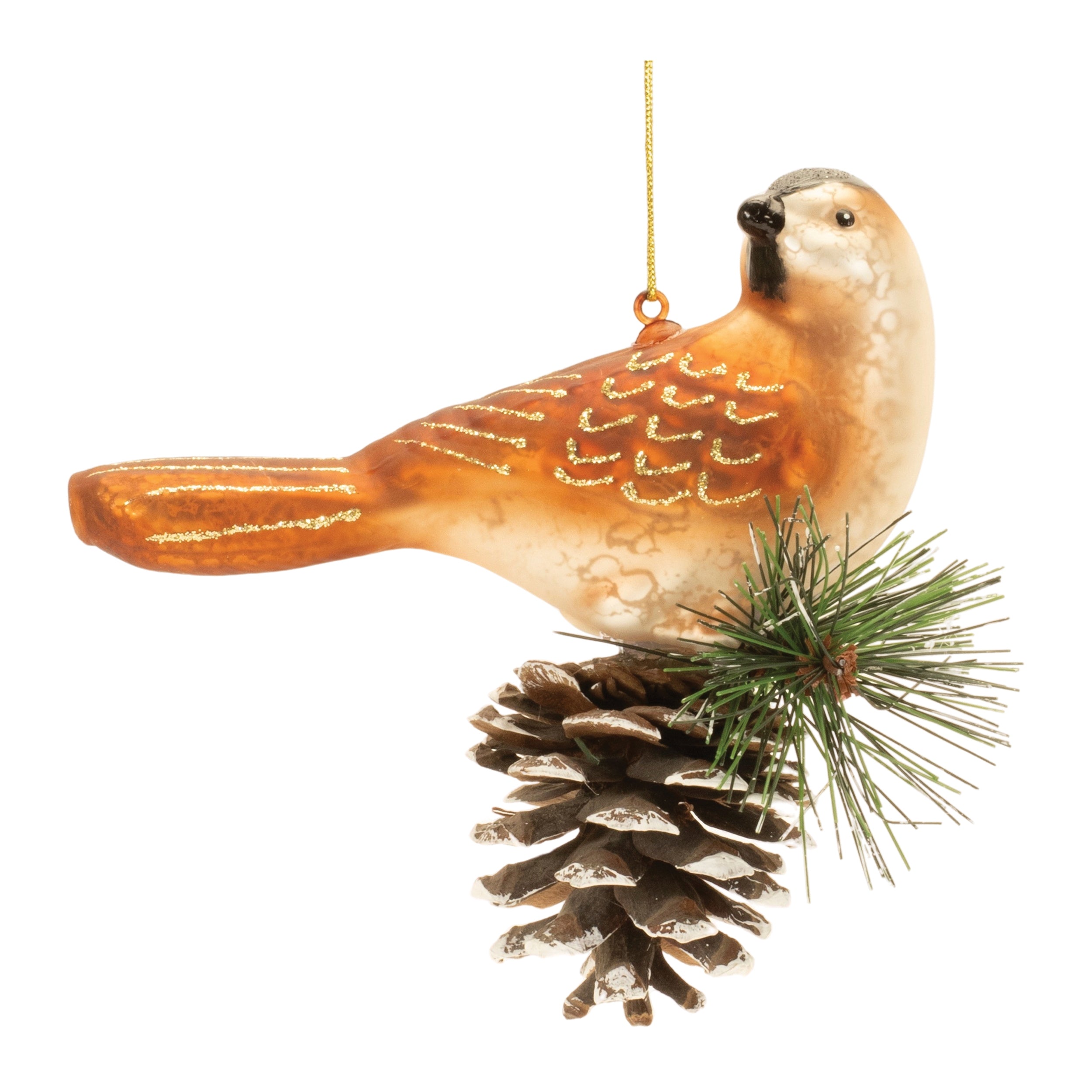 Bird and Cone Ornament 5”H Glass
