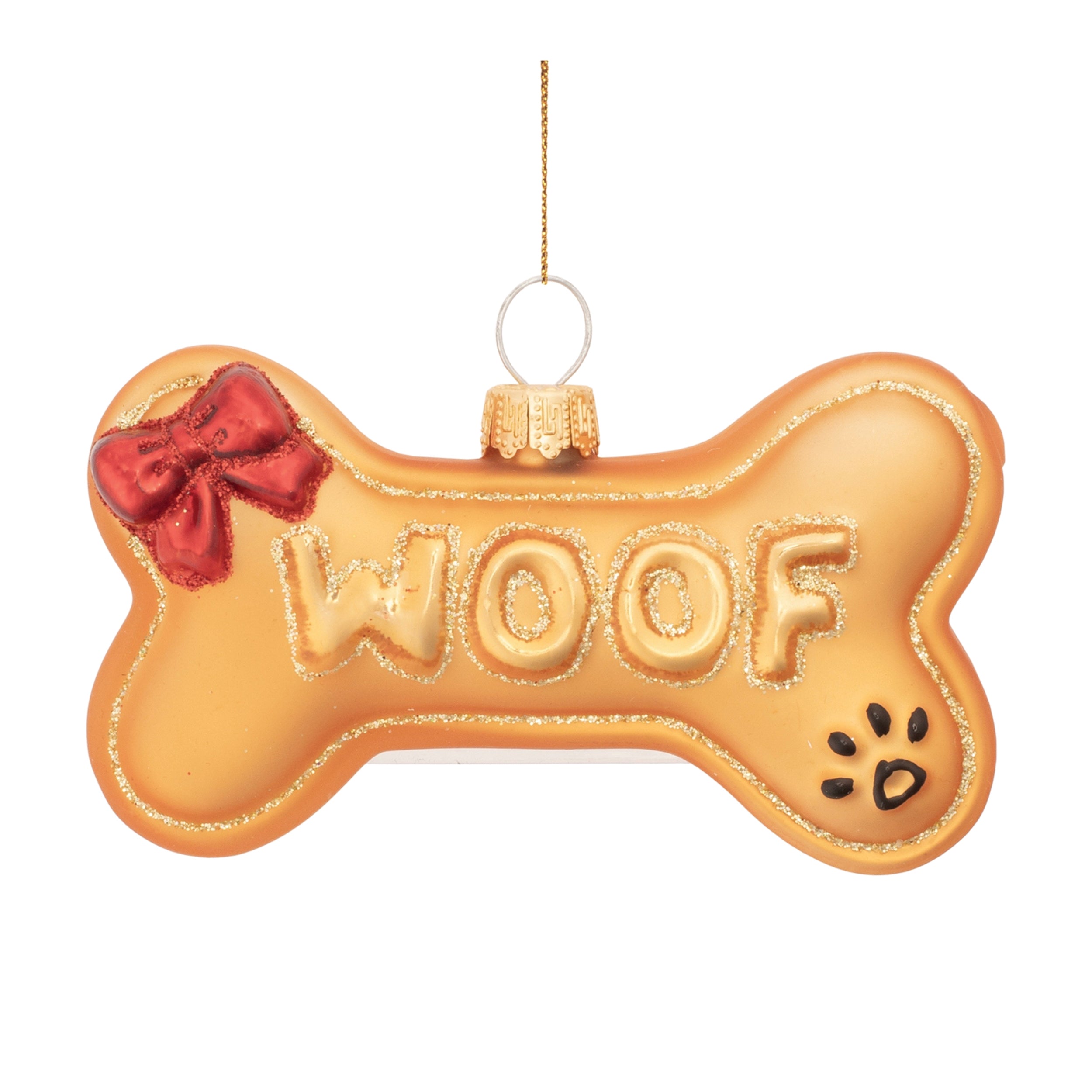 Woof Bone Ornament 3.75"L x 3"H Glass