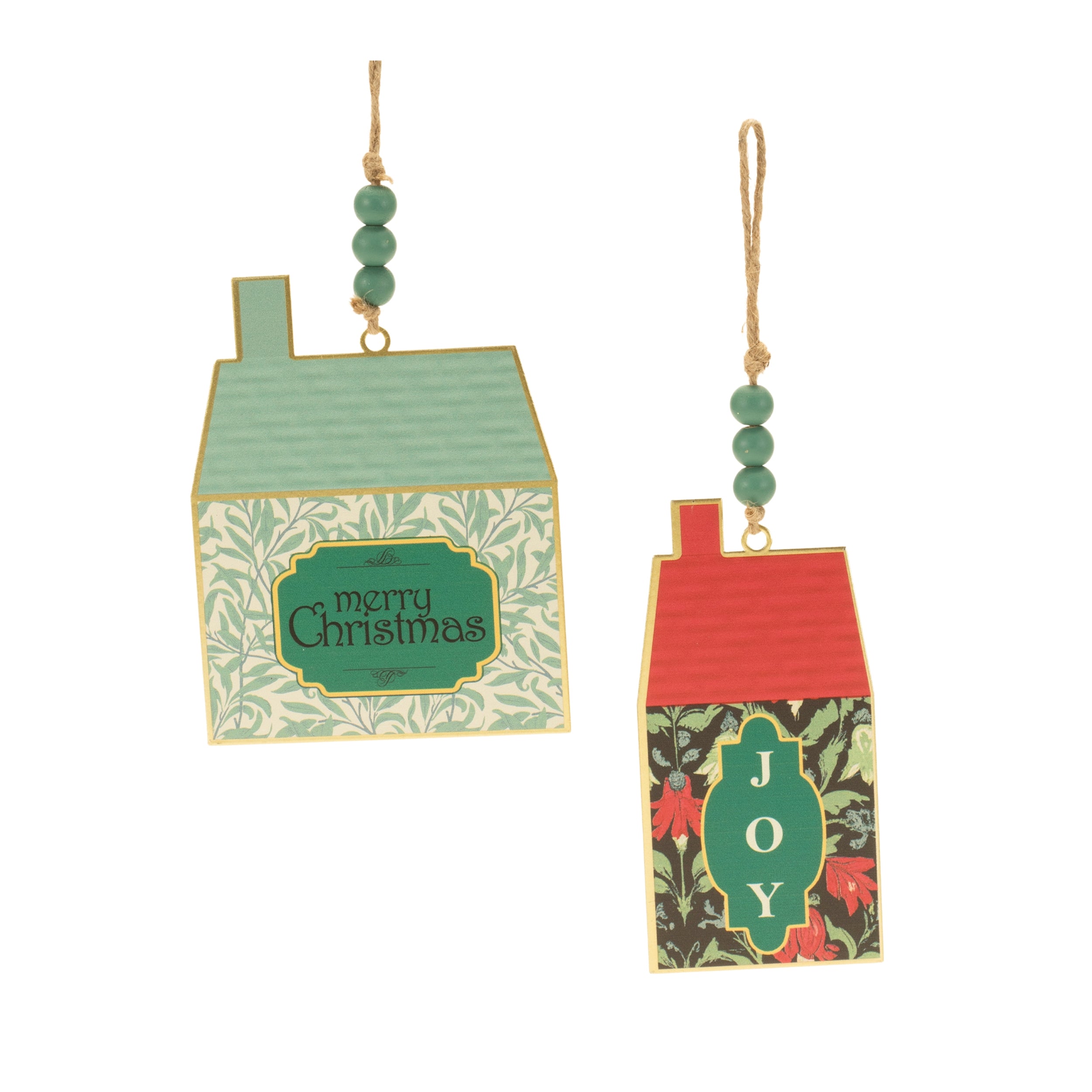 Holiday House Ornament (2 Asst) 6”H Iron/Wood Beads