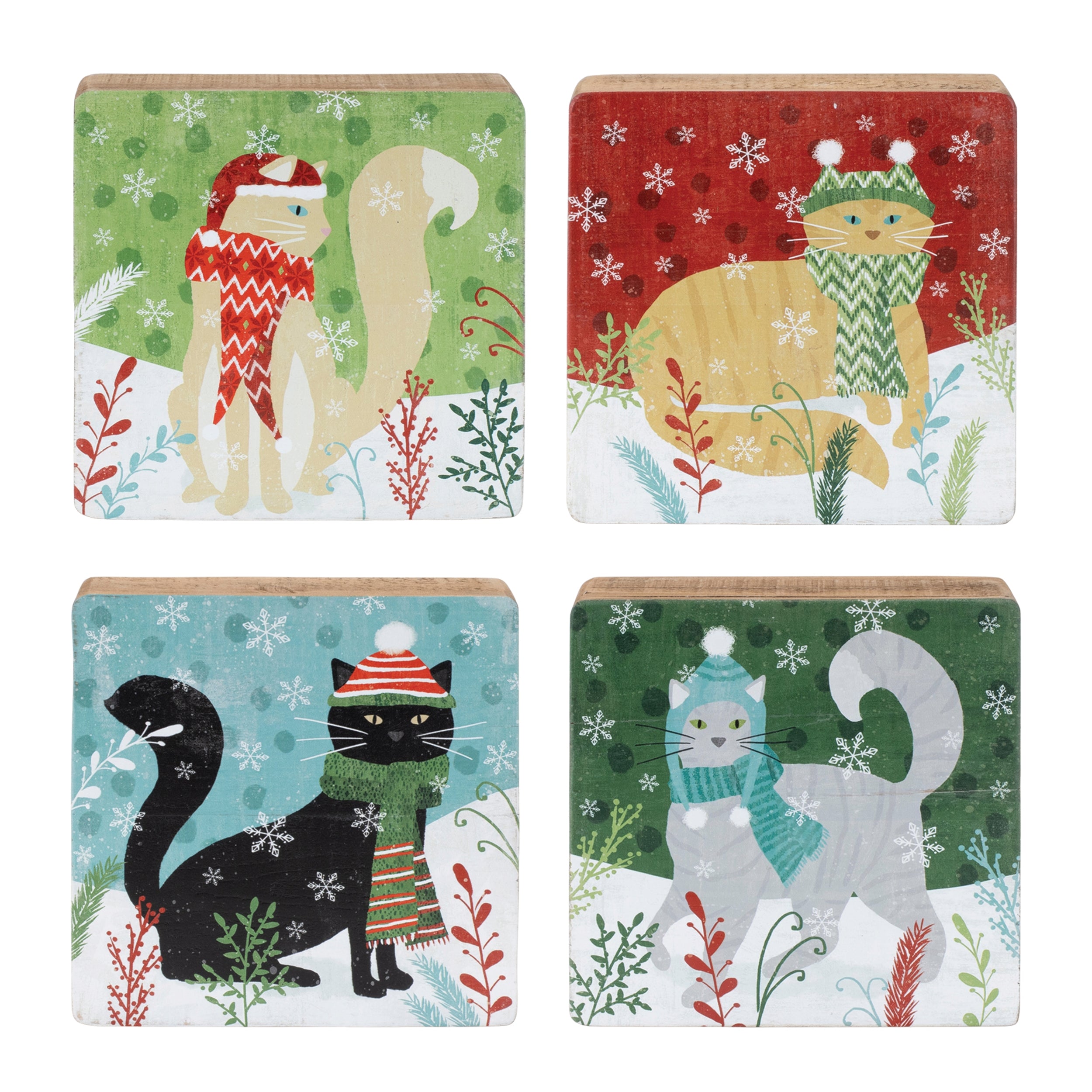 Winter Cat Plaque (4 Asst) 7.5”SQ Wood