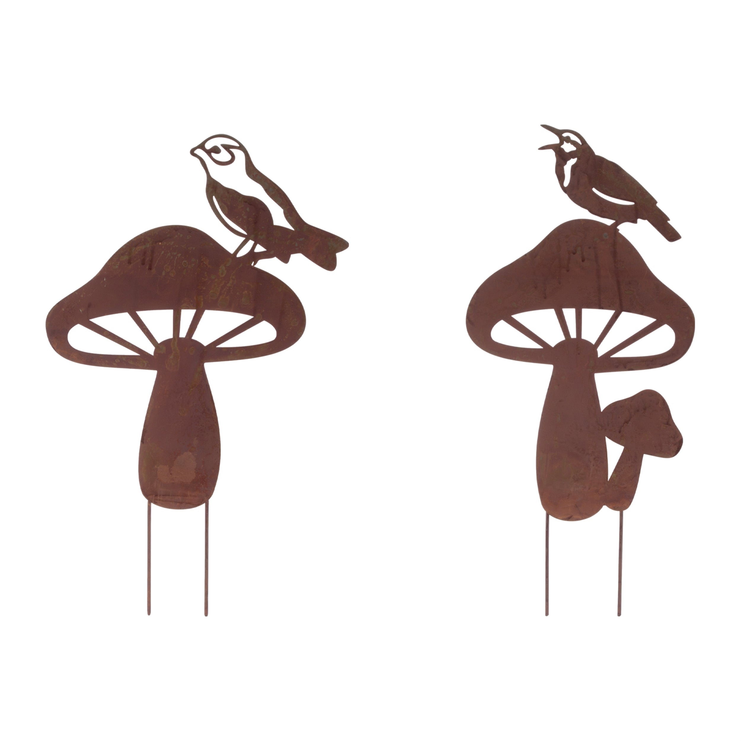 Bird & Mushroom Stake (2 Asst) 19"H, 19.5"H Iron