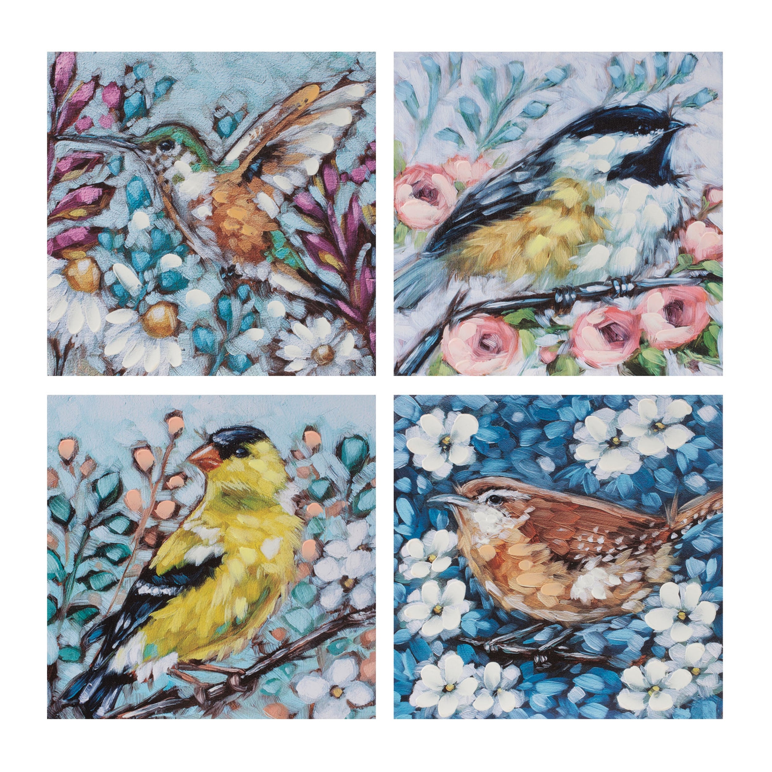 Bird and Floral Plaque (4 Asst) 9.75”SQ Wood/Polyester