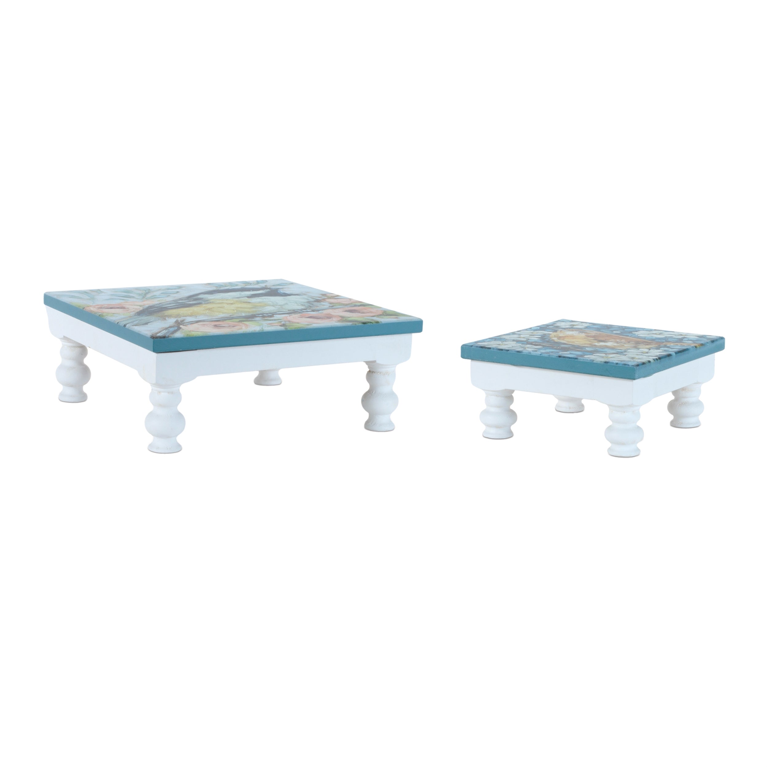 Bird and Floral Pedestal (Set of 2) 8"SQ x 3.75"H, 11.75"SQ x 4.5"H Wood/Wood