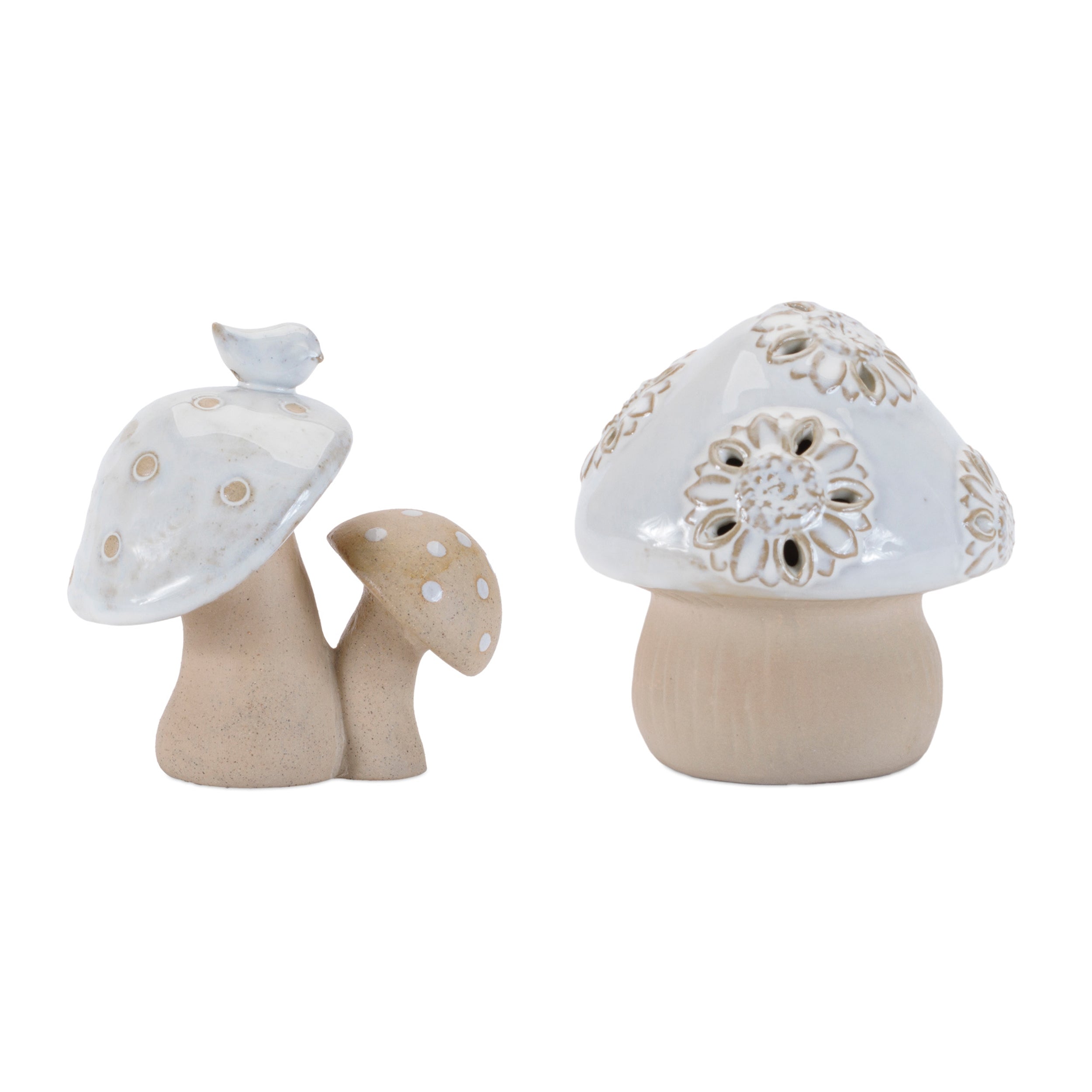 Double Mushroom w/Bird and Mushroom (2 Asst) 4.5”H Porcelain