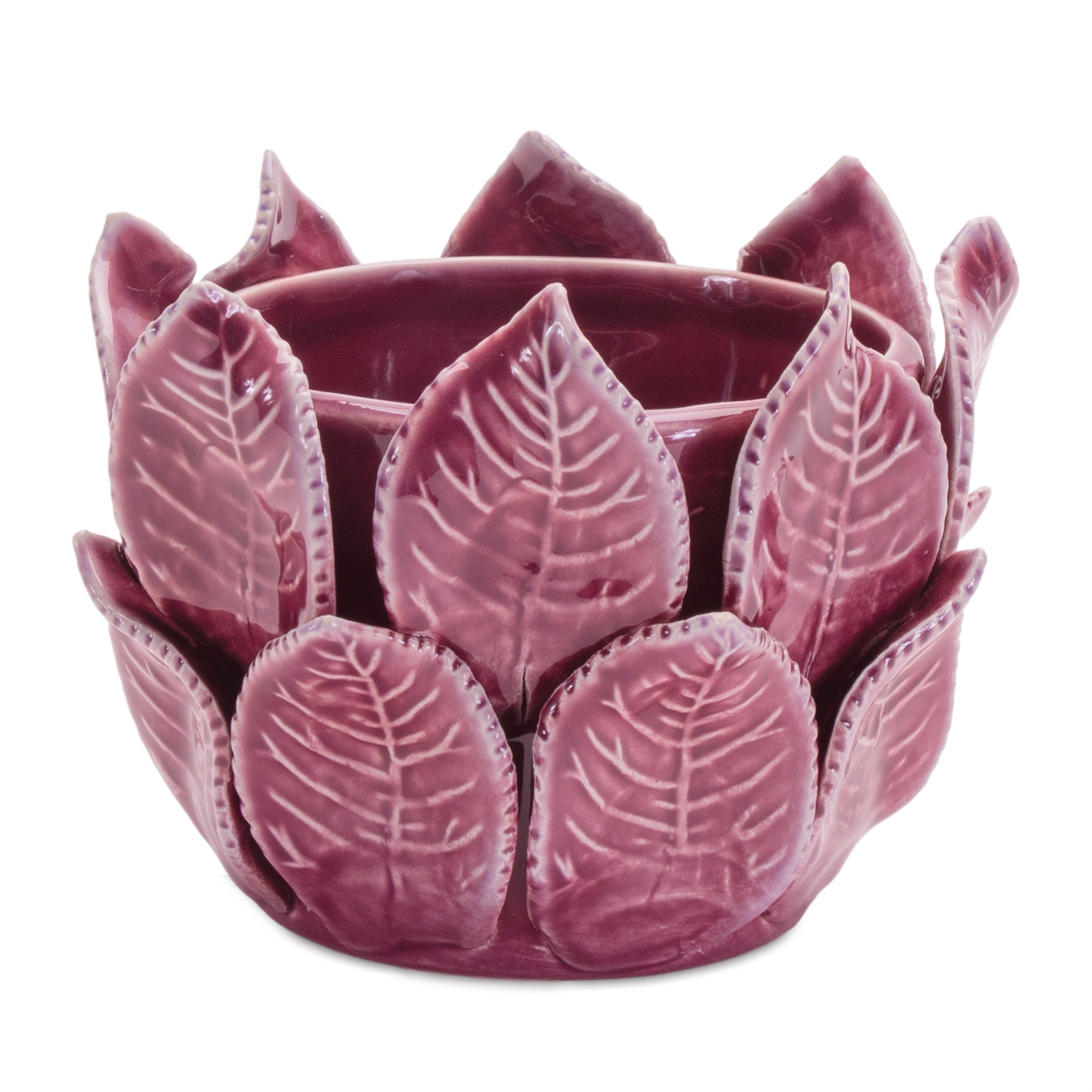 Container w/Leaves 4.5"D x 4"H Stoneware