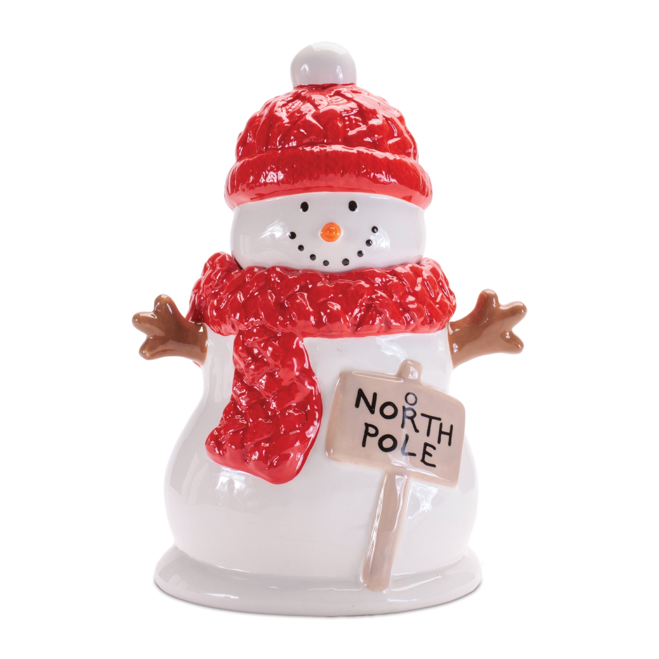 Snowman Container w/North Pole Sign 12”H Ceramic