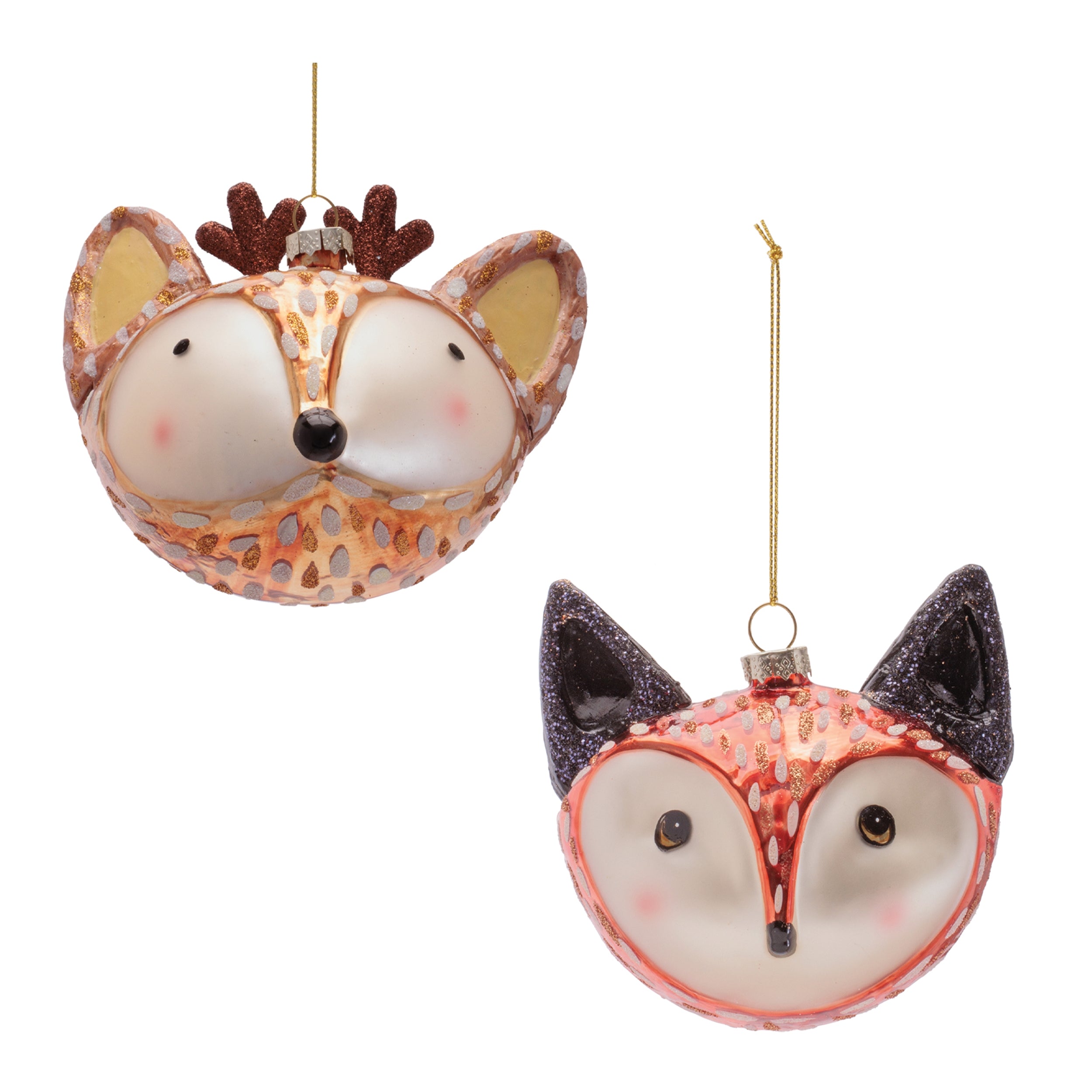 Fox and Deer Ornament (2 set of) 3.25"H, 4"H Glass