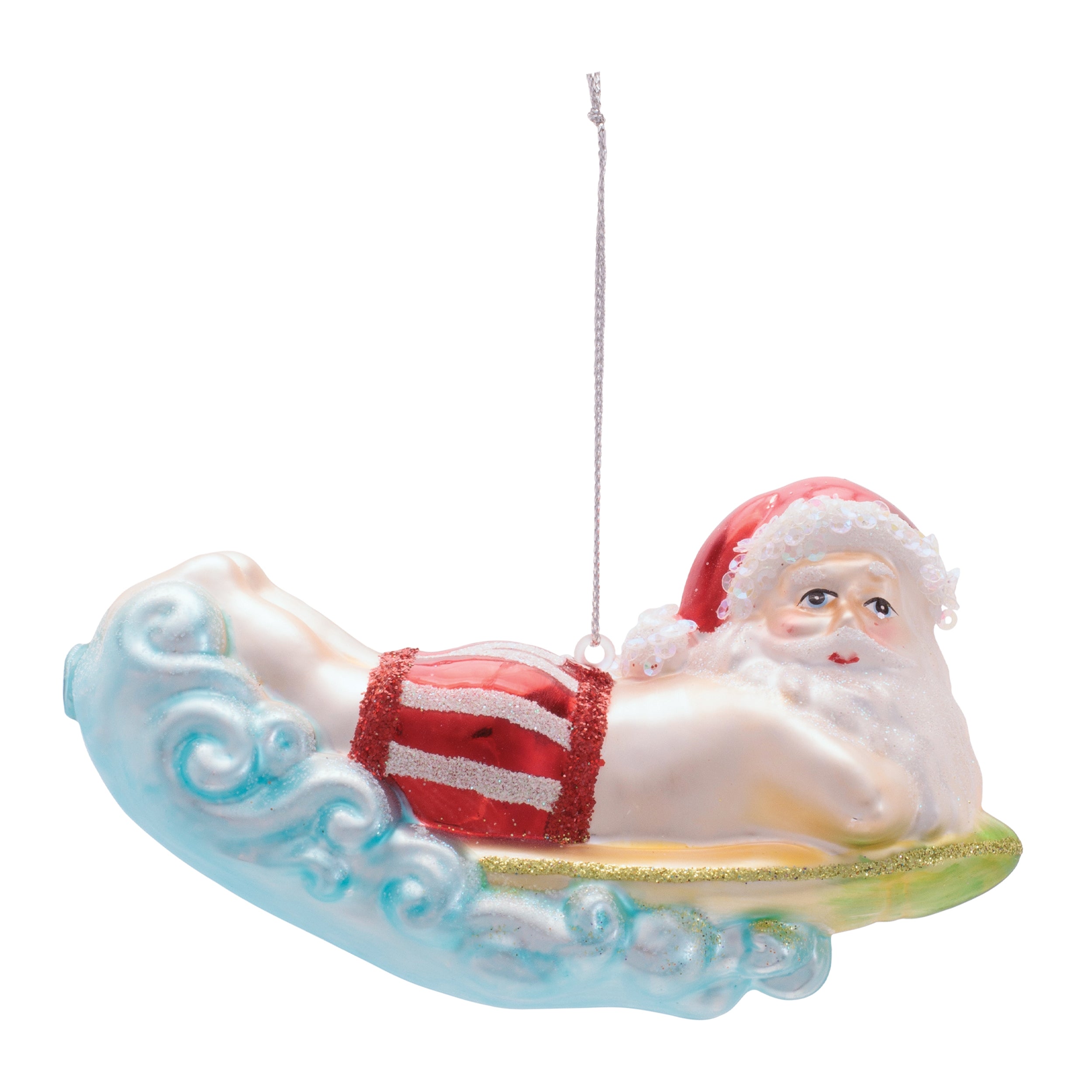 Santa Surfing Ornament 3”H Glass
