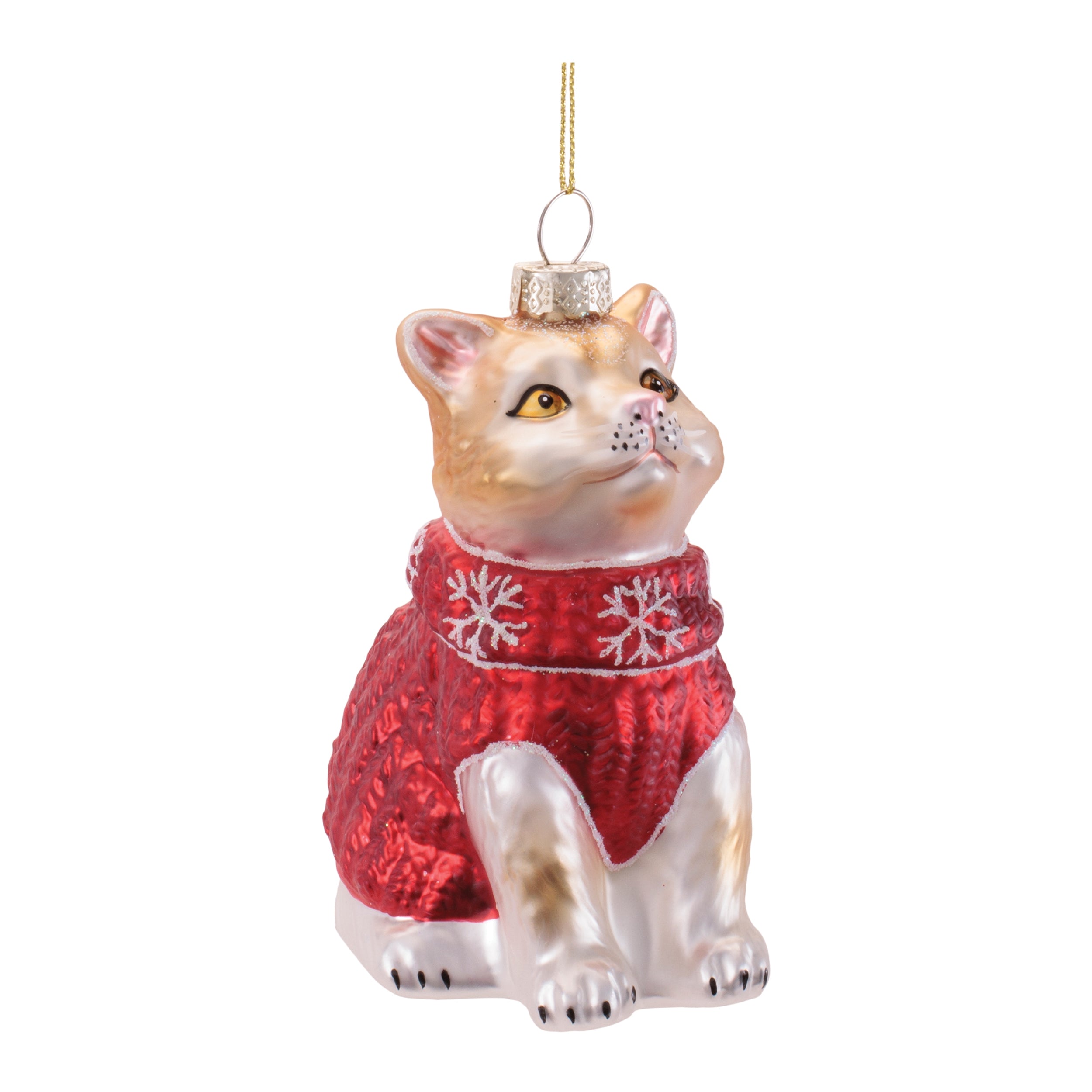 Cat w/Sweater Ornament 4.5”H Glass